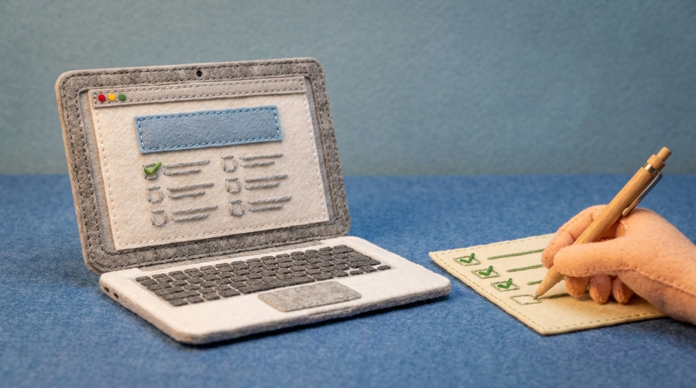 An illustration of an open laptop displaying a clean, well-structured webpage with a title like 