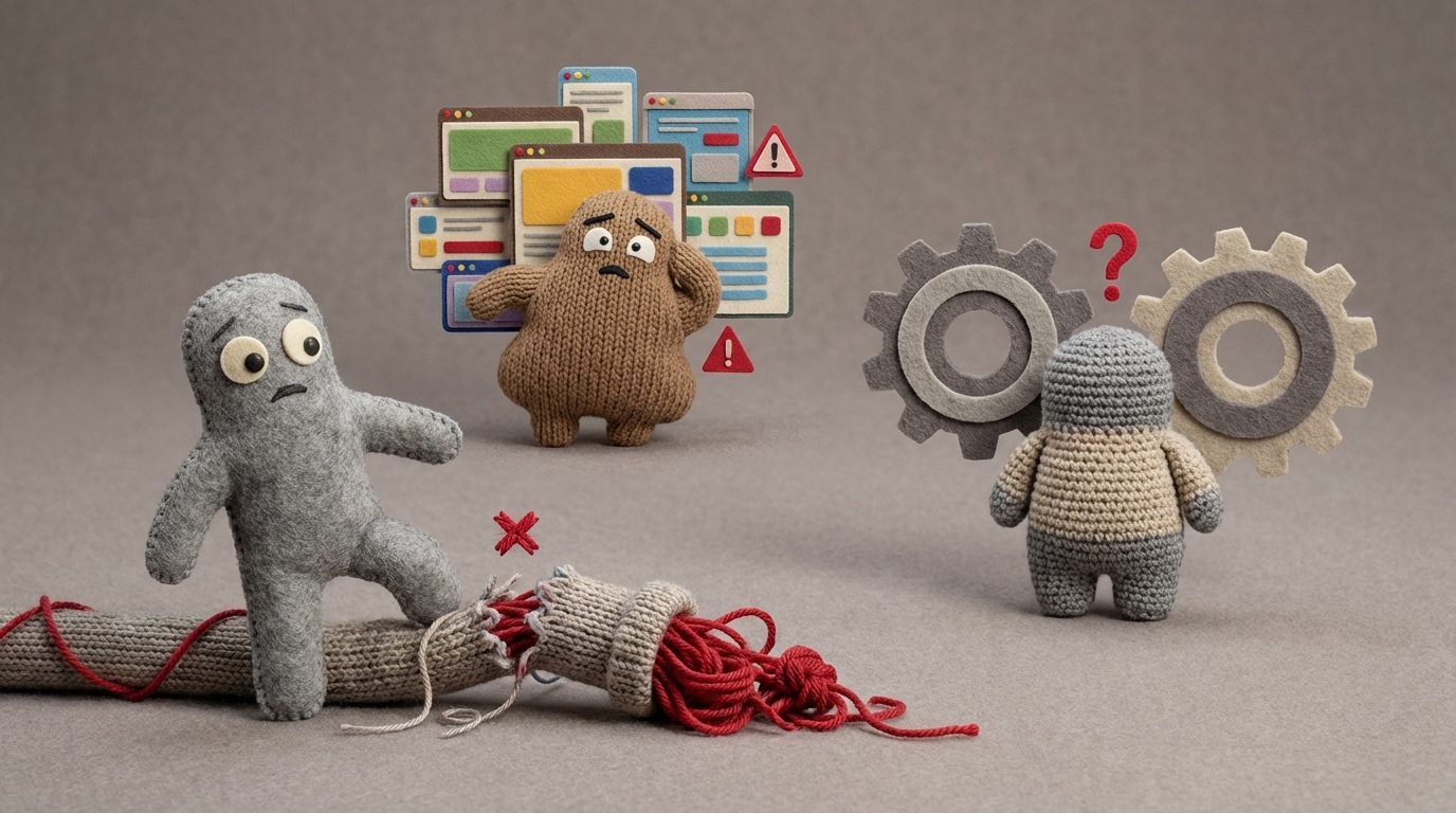 A visual representation of common pitfalls in AI implementation. Abstract figures are shown stumbling over obstacles like a broken data pipeline, a confusing interface, or a disconnected strategy. Each obstacle is depicted with a distinct visual metaphor. The mood is cautionary and informative, with a muted color palette of grays, browns, and occasional red warning symbols. The composition highlights the challenges and potential missteps.