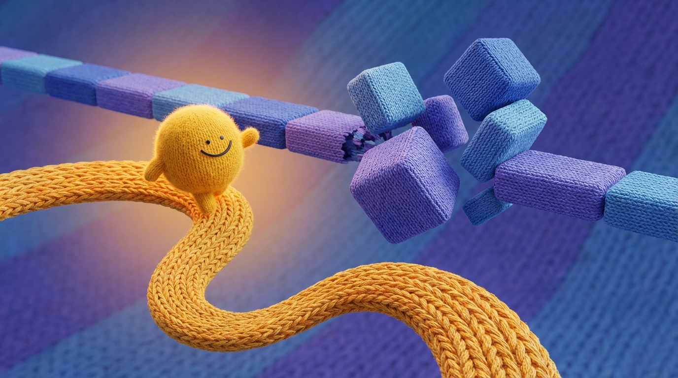 A winding, narrow path made of smooth, flowing lines, easily navigated by a small, agile, brightly colored figure. In contrast, in the background, larger, blocky, less flexible shapes are struggling to fit or move along a rigid, straight path that suddenly breaks. The overall mood is one of dynamic flexibility versus static rigidity. Cool blues and purples dominate the background, while the agile figure is a warm yellow, symbolizing adaptability and the unique advantage of small businesses.