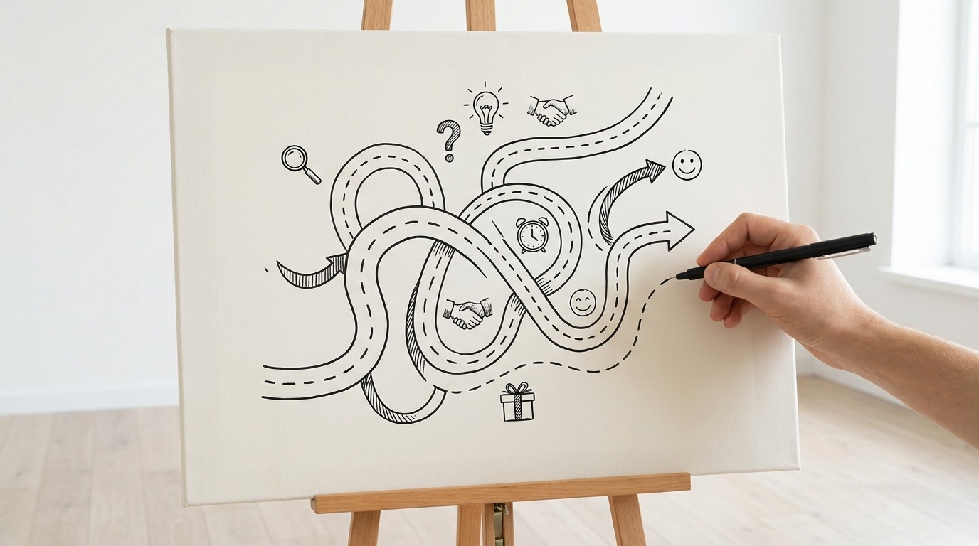 An intricate, winding path drawn on a large, blank canvas, diverging and converging at various points, with small, unique landmarks along the way. Some sections are wider, some narrower, reflecting different stages of a customer journey. A pen hovers over the canvas, suggesting the process of mapping and defining this unique, complex route rather than following a rigid, predefined line. The background is clean and bright, emphasizing the creative and analytical process.