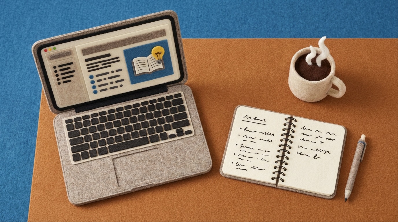 An overhead view of a clean desk with an open laptop displaying a blog post. The article has clear headings, bullet points, and a relevant illustration. Next to the laptop is a notebook with handwritten notes, a pen, and a cup of coffee. The overall scene suggests productivity and knowledge sharing. The color palette is warm and natural.