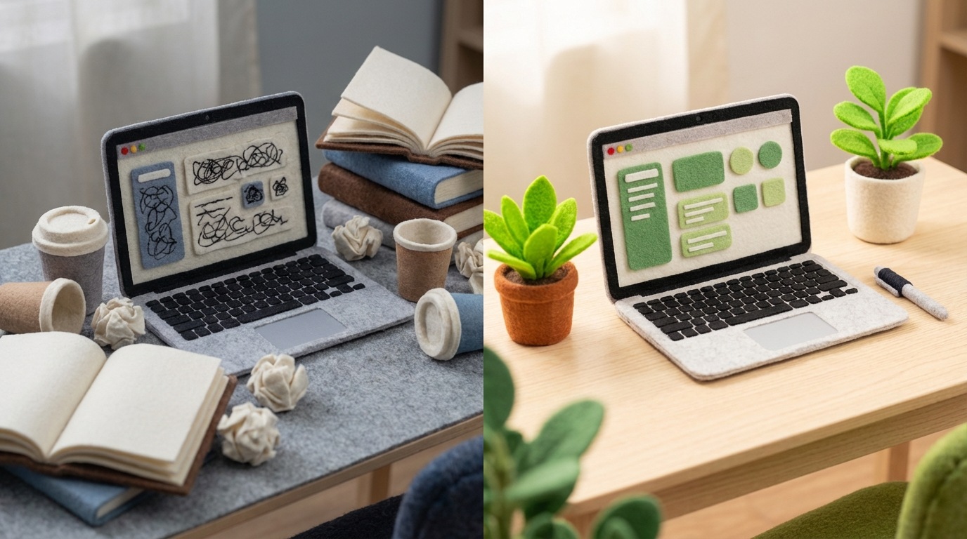 A split-screen composition. On the left side, a cluttered desk with a half-written article on a laptop, surrounded by crumpled papers, research books, and empty coffee cups, conveying a sense of intense, prolonged effort and creation from scratch. The dominant colors are muted grays and blues. On the right side, the same desk is much tidier, with a laptop displaying a partially updated article, a single pen, and a small, fresh plant, suggesting efficient refinement and enhancement. The dominant colors here are brighter greens and whites, symbolizing growth and clarity. A clear visual distinction between laborious creation and streamlined improvement.