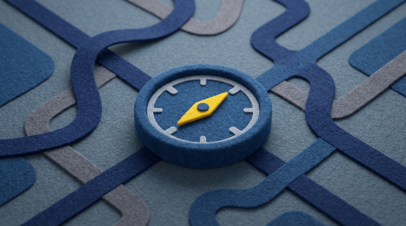 A stylized compass with a clear needle pointing directly forward, centered on a map of abstract, winding paths. The compass face has simple, geometric markings, and the map shows various intersections and potential detours. The overall composition is clean and focused, with a palette of deep blues, grays, and a contrasting bright yellow for the compass needle, symbolizing clear direction and purpose in hypothesis formulation.