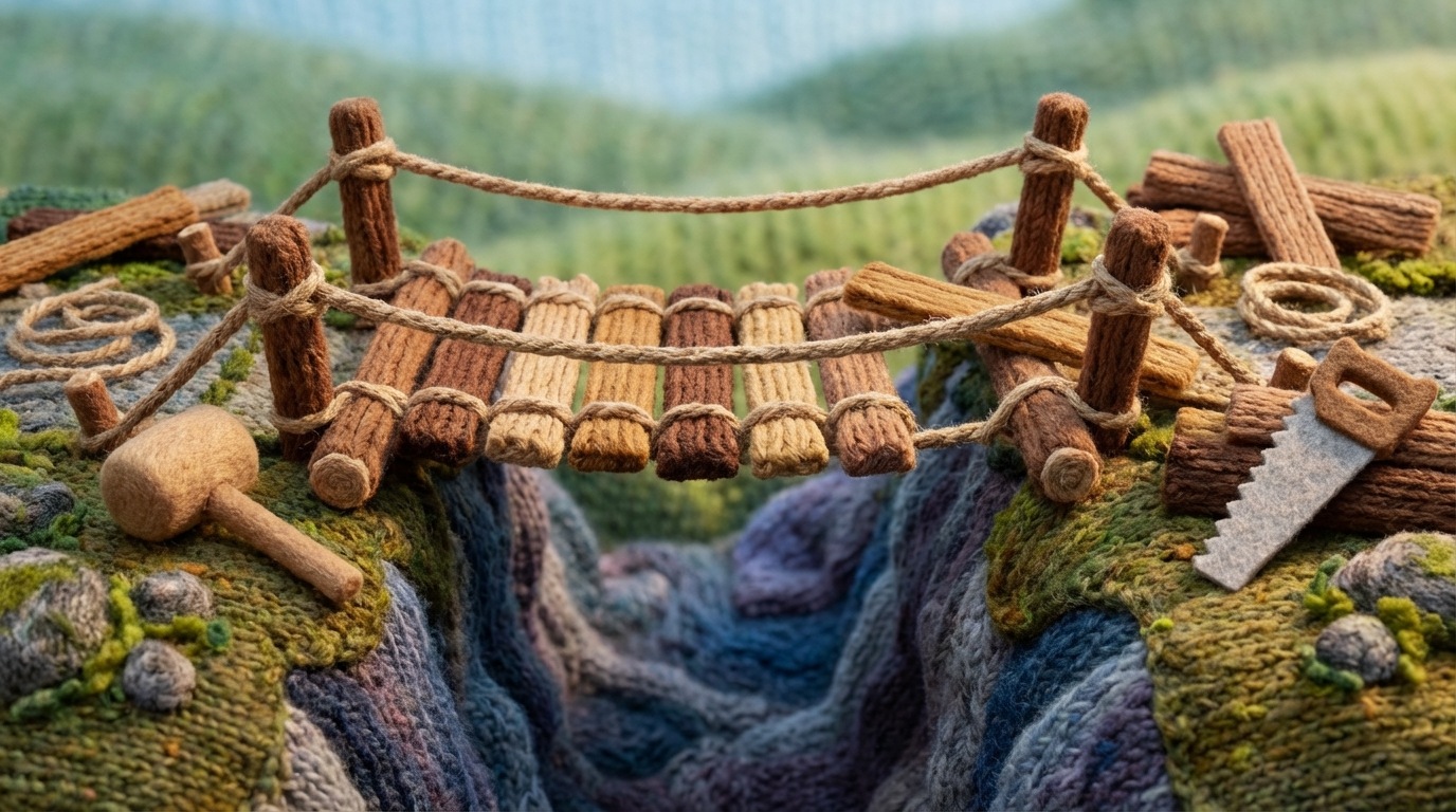 A small, sturdy wooden bridge being quickly constructed over a narrow but deep chasm. The bridge appears functional and robust, despite its rapid assembly, with simple tools and construction materials visible around it. The chasm represents a problem, and the bridge signifies a quick, effective solution. The mood is proactive and resourceful, with warm, natural wood tones contrasting with the cool, deep chasm below.