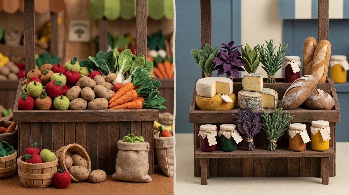 A rustic wooden market stall, initially overflowing with a generic, unorganized mix of fruits and vegetables. In a clear transition, the same stall is then shown with fewer, but meticulously arranged and beautifully displayed specialized products like artisanal cheeses, unique organic herbs, and handmade bread, each with a small, elegant label. The background shifts from cluttered to clean. The mood is one of refined focus and quality. Earthy browns and greens for the initial stall, transforming into more sophisticated, muted tones with highlights of vibrant, natural colors for the specialized products.