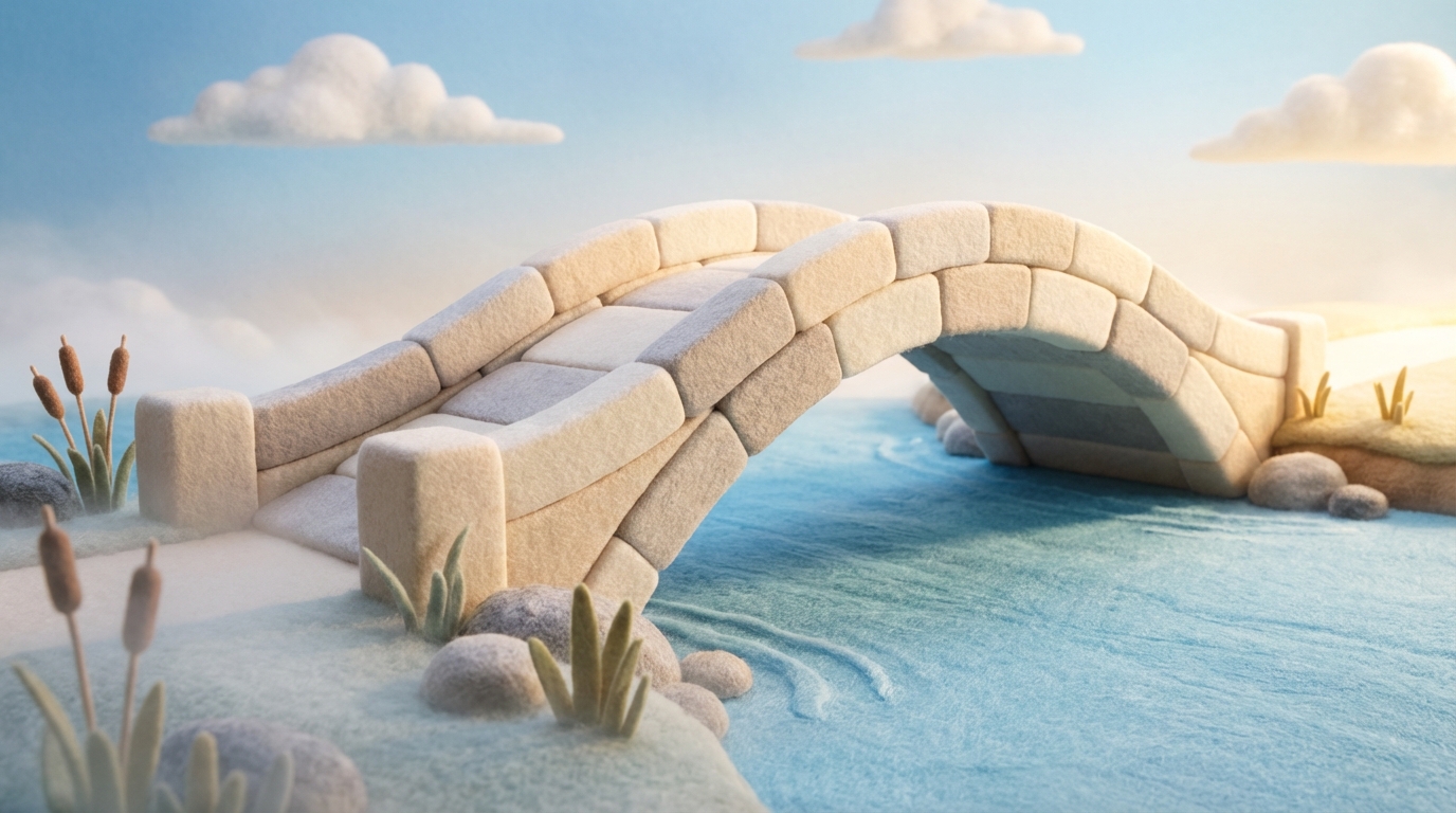 A robust, elegant bridge made of smooth, light-colored, interlocking blocks gracefully spans a calm, clear body of water. The bridge extends from a slightly obscured, misty foreground towards a brightly illuminated, inviting destination on the opposite bank. The overall composition suggests strength, reliability, and a clear path forward, emphasizing the foundational nature of trust. The color palette is serene, with cool blues and warm whites, creating a sense of calm assurance.