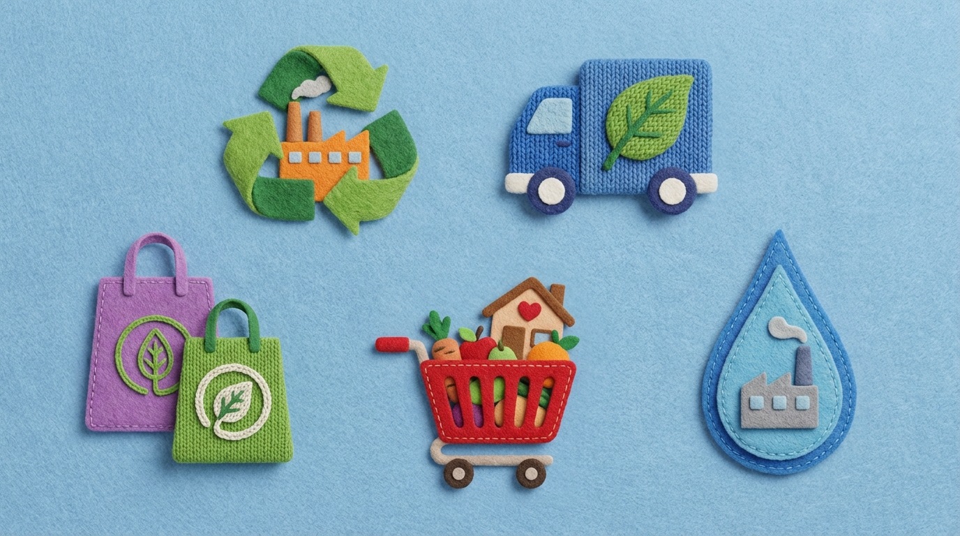 A collage of stylized icons representing the Russian companies and their ESG initiatives. For example, a recycling symbol intertwined with a factory for SIBUR, a delivery truck with a green leaf for CDEK, shopping bags with a sustainability icon for X5 Retail Group, a water droplet with a factory for Baltika, and a grocery cart with a community icon for Magnit. The overall impression is of diverse corporate responsibility within Russia.