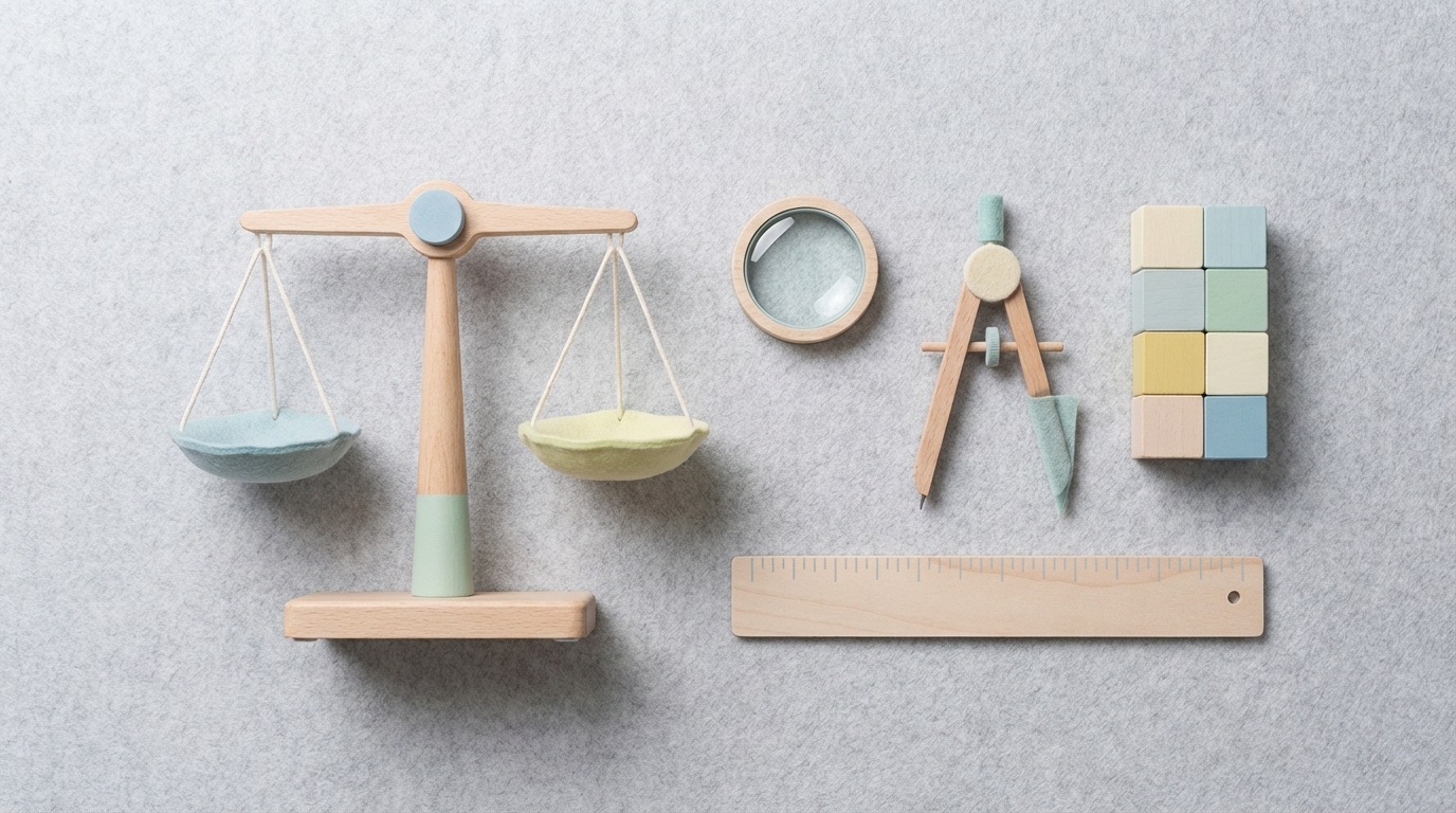 An organized collection of various simple, abstract tools laid out on a clean, light surface. These tools are not literal, but stylized representations of concepts: a balanced scale, a small, focused lens, a compass, a ruler, and a small, neatly stacked pile of blocks. The composition is orderly and precise. The mood is calm and analytical. A top-down view showcases the arrangement. The color palette is minimalist, with soft pastels and muted tones, emphasizing clarity and structure.