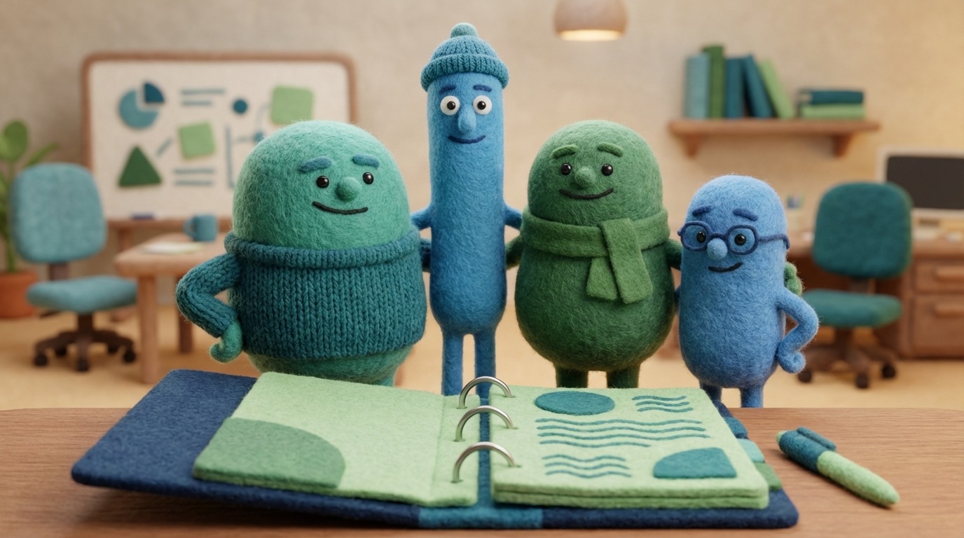 A diverse group of individuals, representing a team, standing together in a supportive formation. Each person has a confident and prepared demeanor. In the foreground, an open binder labeled "Objection Handling Guide" is prominently displayed. The background shows a collaborative workspace, with subtle hints of ongoing training or discussion. The color palette is cohesive and professional, using blues and greens to convey teamwork and reliability. The overall mood is one of preparedness and collective strength.