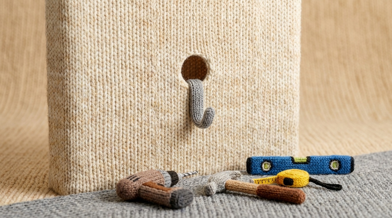 A large, sturdy wall with a small, perfectly round hole in it, from which a picture hook is neatly emerging, ready to hold a frame. Next to it, a collection of tools are scattered: a drill, a hammer, a tape measure, and a level, suggesting the "job" has been completed. The focus is on the elegant solution rather than the tools themselves. The color palette is neutral and clean, emphasizing the functional outcome.