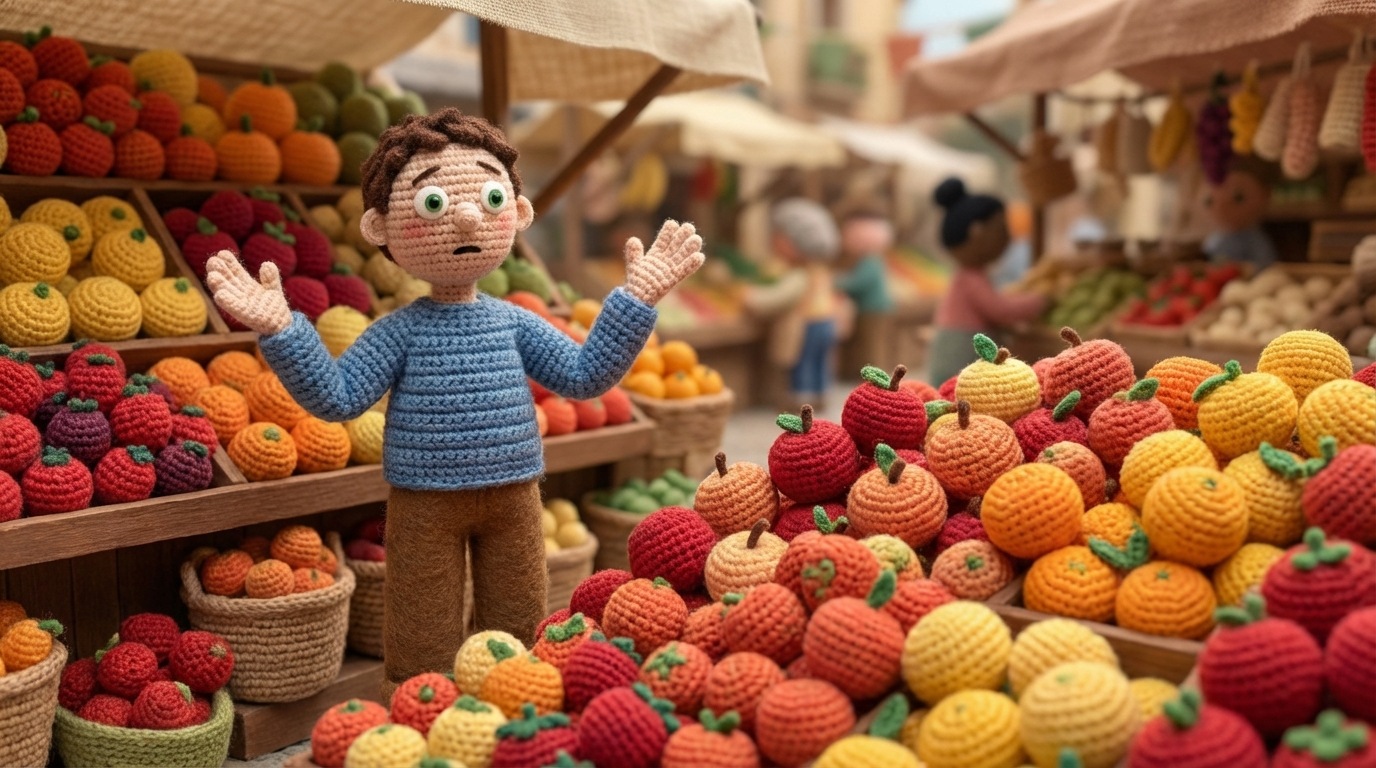 A large, overflowing market stall piled high with an overwhelming variety of identical-looking fruits, all in similar colors but with subtle differences. A single, abstract shopper stands in front of the stall, hands raised in a gesture of bewilderment, unable to pick one. The sheer abundance creates paralysis rather than desire. The background is busy but out of focus. Vibrant, but repetitive, color palette for the fruits. Eye-level shot.