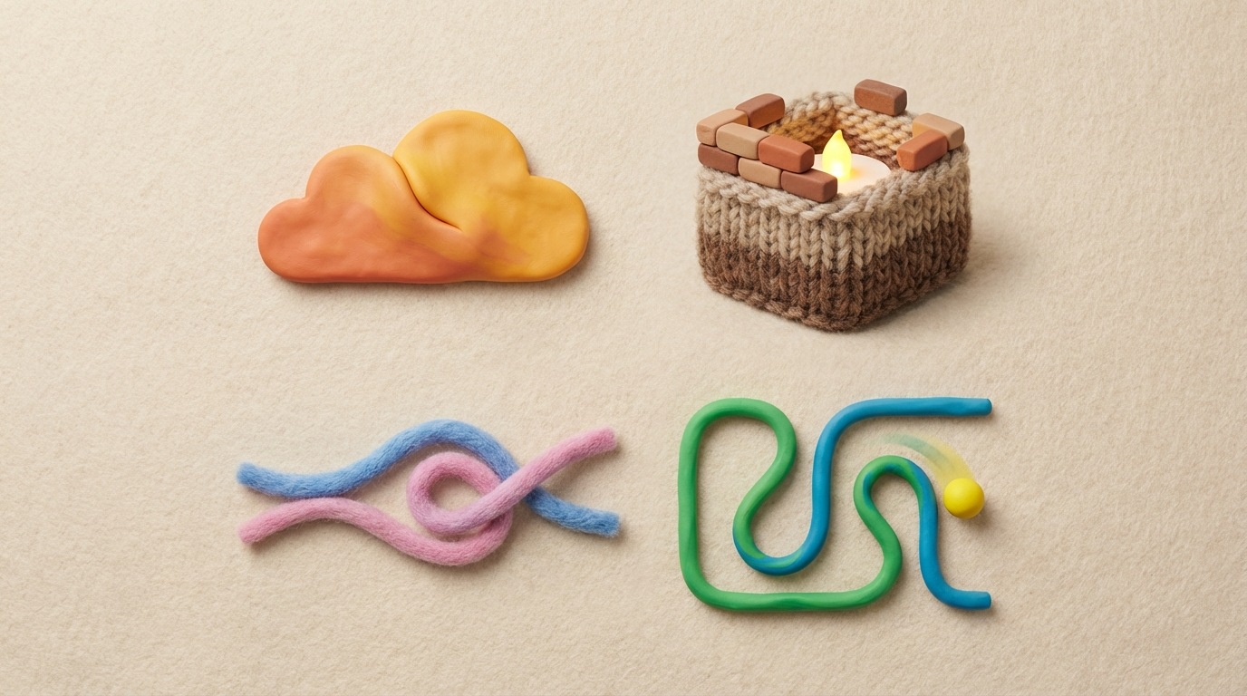 Four distinct, abstract shapes arranged in a square formation. The first shape consists of two stylized, overlapping abstract forms, suggesting connection and dialogue, rendered in warm, inviting colors. The second shape is a simple, solid, functional block being constructed, with a small, visible light source within it, in earthy, tangible tones. The third shape shows two distinct, wavy lines gently converging and intertwining, representing continuous feedback and partnership, in soft, flowing colors. The fourth shape depicts a flexible, winding path that easily shifts direction, with a small, light object quickly changing its trajectory along it, in dynamic, fluid colors. The overall composition is clean and minimalist.