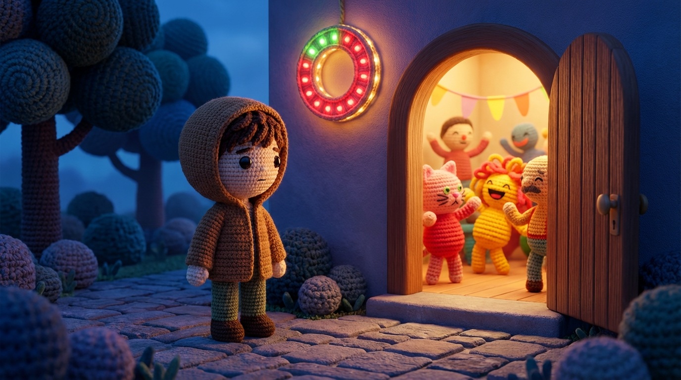 A single, isolated, stylized figure standing outside a brightly lit, inviting doorway. Through the doorway, a lively, joyful party scene is visible, with other abstract figures laughing and interacting. The isolated figure has a subtle expression of longing and concern, looking at the vibrant scene they are missing. The doorway has a prominent, glowing countdown timer above it, showing limited time. Darker, cooler tones for the outside, warm and bright for the party within.