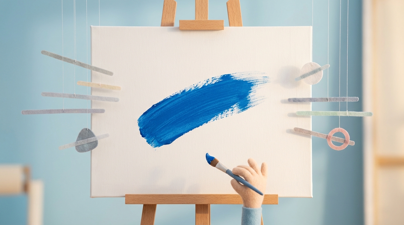 A large, pristine white canvas or whiteboard dominates the center of the composition. A single, bold, and confident brushstroke or line, in a vibrant blue, is already clearly visible on its surface, establishing a definitive mark. Around the edges of the canvas, several smaller, fainter, and less defined lines or shapes in muted tones are hovering, waiting to be added, but the initial, foundational mark has been made. The mood is proactive and decisive, with a clean, bright aesthetic.