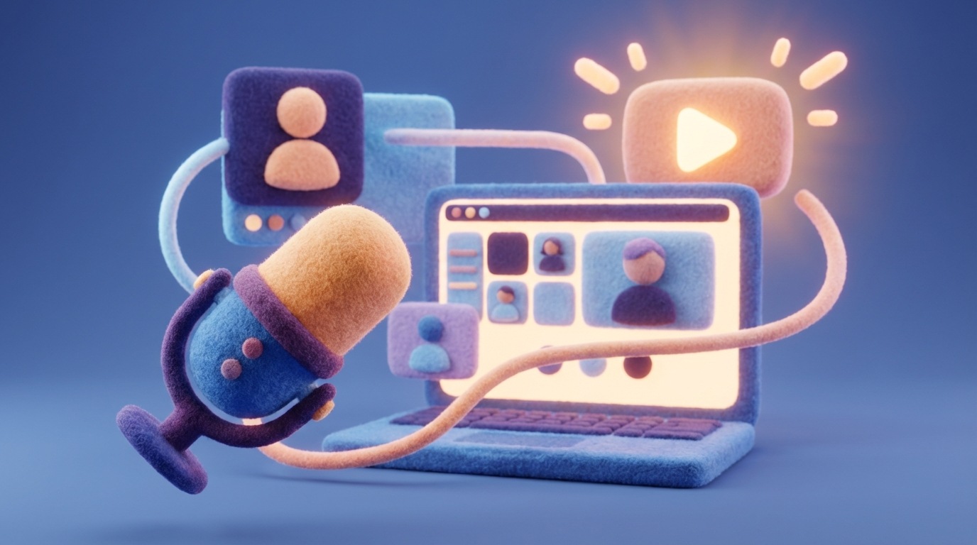 A vibrant, multi-layered scene depicting different forms of online interaction. In the foreground, a stylized microphone suggests a podcast. Behind it, a laptop screen displays a webinar interface with multiple participant windows. In the background, a large, glowing "play" button hovers, symbolizing live events and recordings. The composition is dynamic and interconnected, with soft, overlapping elements. The color palette is modern and inviting, with blues, purples, and touches of warm orange.