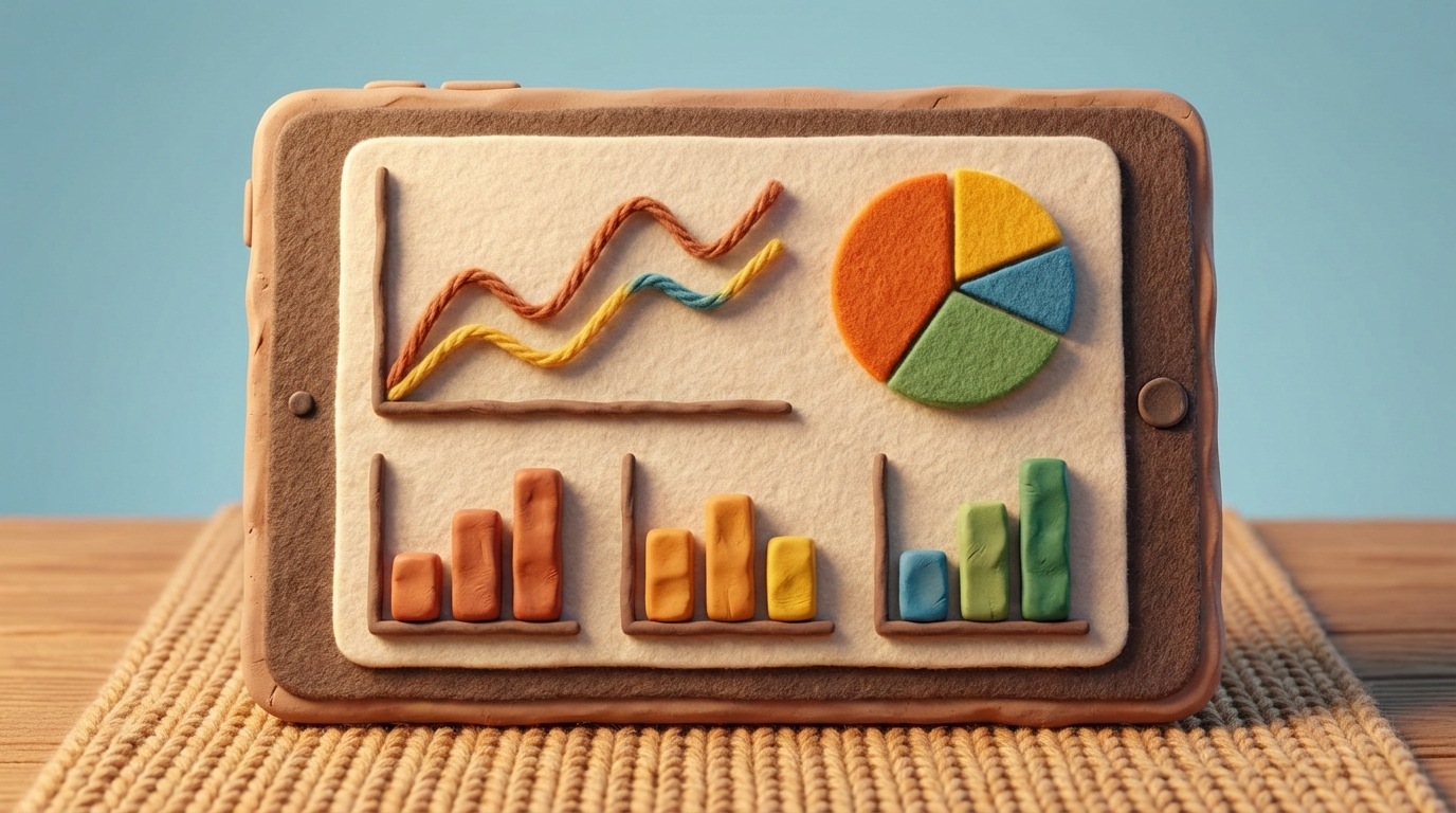 A dashboard interface displayed on a tablet screen. It shows various charts and graphs: a line graph for traffic over time, a pie chart for traffic sources, and bar graphs for engagement metrics (likes, shares, comments). The overall aesthetic is clean and data-driven, with a focus on clear visualization of performance indicators.