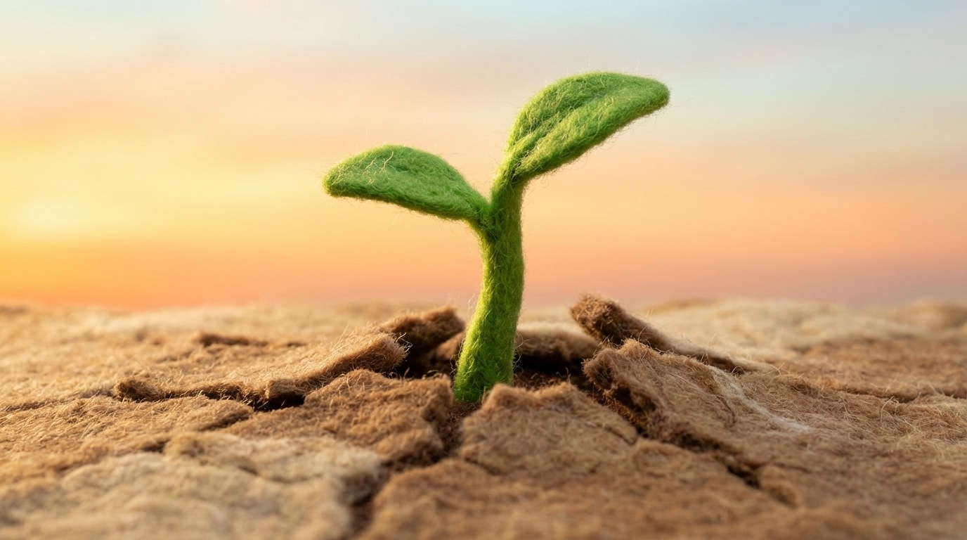 A stylized, simple plant sprout pushing through cracked earth. The sprout is vibrant green, reaching upwards, while the cracked earth around it implies initial struggle but also the breaking of limitations. The background is a soft, warm gradient, suggesting growth and potential. Close-up view from a low angle, emphasizing the upward movement. The overall atmosphere is one of delicate strength and emerging possibility.