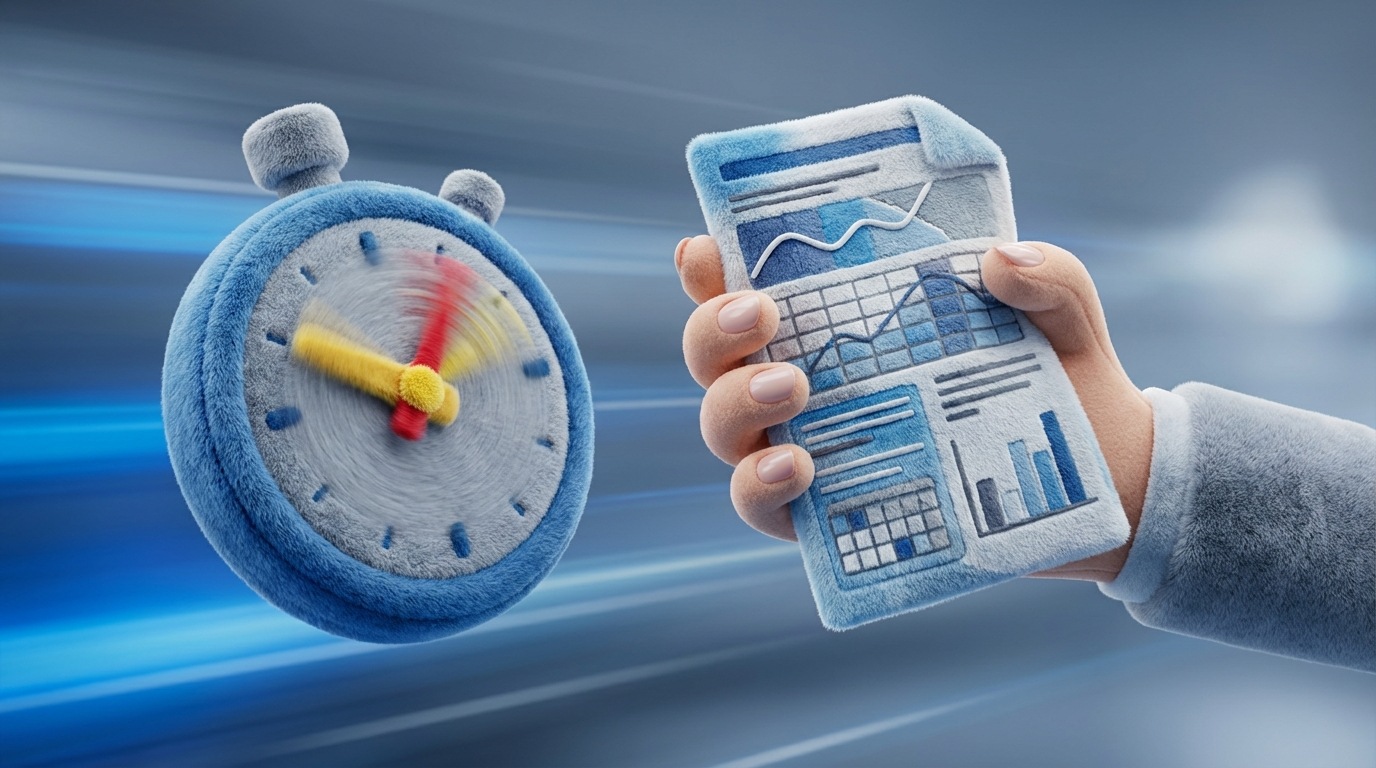 A sleek, modern stopwatch with its hands spinning rapidly, but also a clearly legible, detailed report or document being presented simultaneously by a calm, professional hand. The background is clean and efficient, perhaps a blur of activity suggesting speed, contrasted with the sharp focus on accuracy. The scene conveys both swiftness and precision. The color palette is cool and professional, with blues, grays, and bright accents.