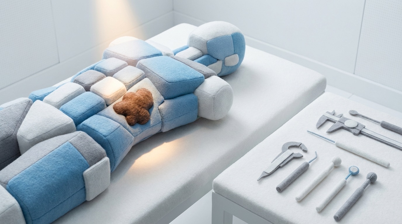 A stylized, abstract human torso made of interconnected geometric shapes, lying on a clean, sterile-looking table. A single, focused beam of light highlights a specific area on the torso where a small, irregular, darker shape is embedded. Various clean, minimalist tools (like calipers or probes) are neatly arranged beside it, suggesting precision and careful examination. The mood is analytical and precise. High-angle shot, clinical color palette of whites, blues, and greys.