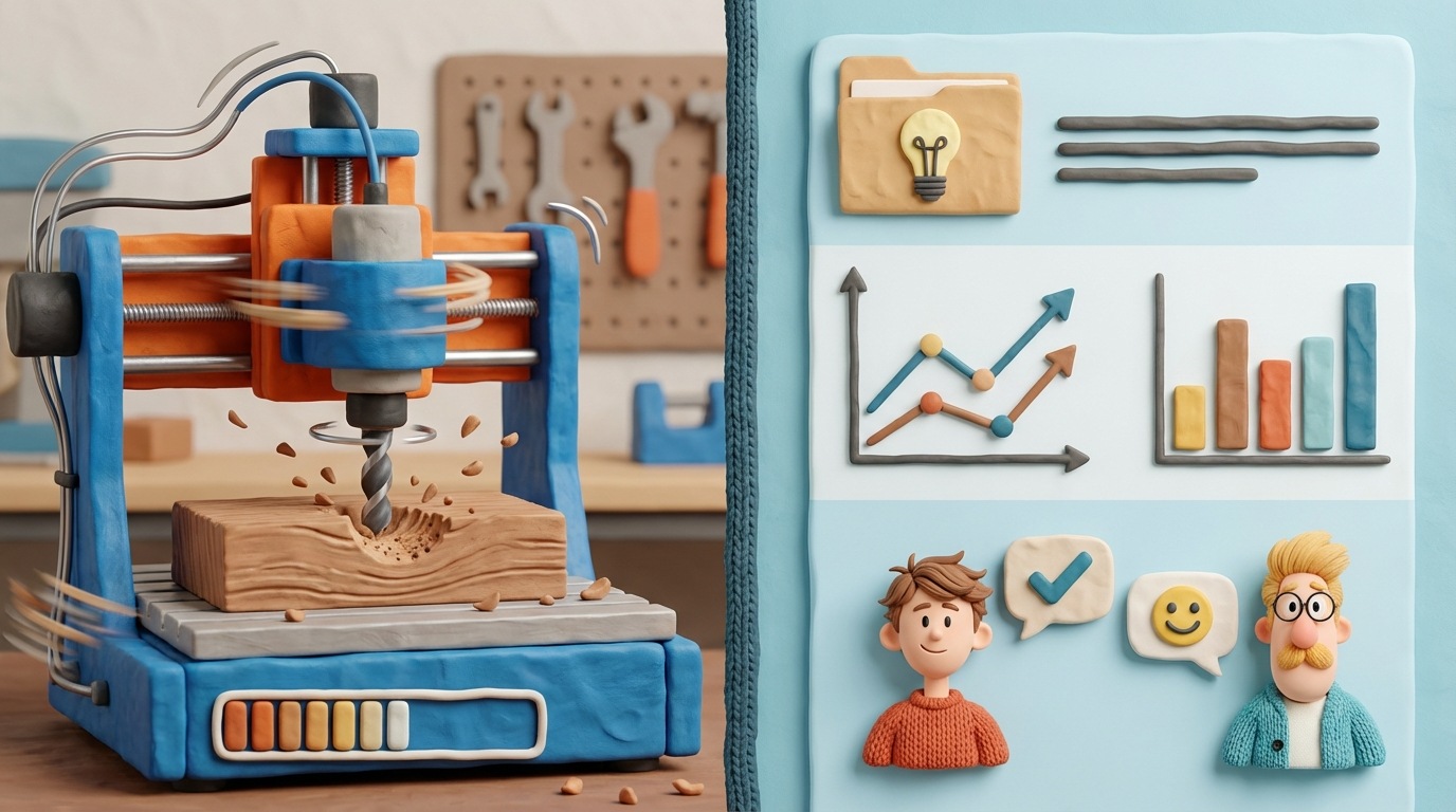 A split screen showing a dynamic video demonstration of a CNC machine operating on the left, and a detailed case study summary with graphs and client testimonials on the right. The overall aesthetic is industrial and informative, highlighting efficiency and problem-solving.