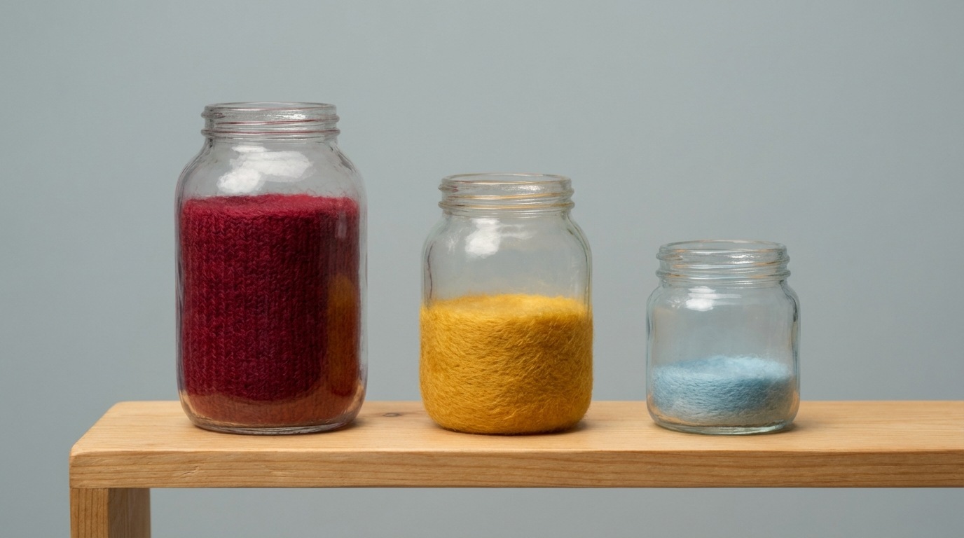 A close-up shot of several glass jars of varying sizes arranged on a simple wooden shelf against a plain, neutral background. Each jar contains a different colored liquid: one is a deep, rich red, another a vibrant golden yellow, and the third a pale, serene blue. The jars are filled to different levels – the tallest is full, the medium is half-full, and the smallest barely contains any liquid. The jars have slightly imperfect, handmade shapes. The mood is calm and contemplative, suggesting uneven distribution or progress.