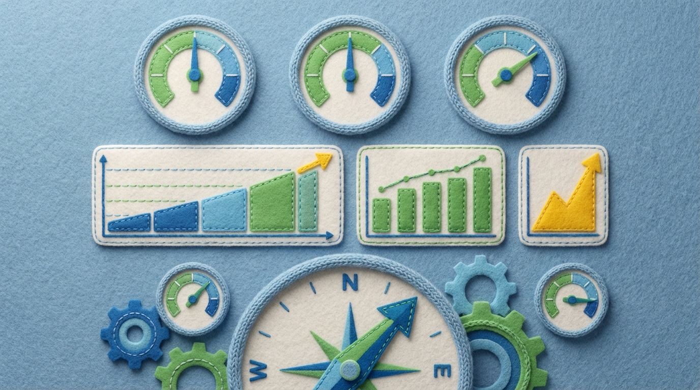 A detailed dashboard displaying various metrics and charts. One chart shows a steady upward trend in "Customer Satisfaction," another indicates "Service Quality" consistently in the green. A third, smaller chart illustrates "Market Demand" with a sharp increase. In the foreground, a compass points firmly towards "Growth," surrounded by various gauges showing stable performance. The color palette uses cool blues and greens for stability and growth, with a touch of yellow for attention. The perspective is an overhead view of a well-organized digital interface.