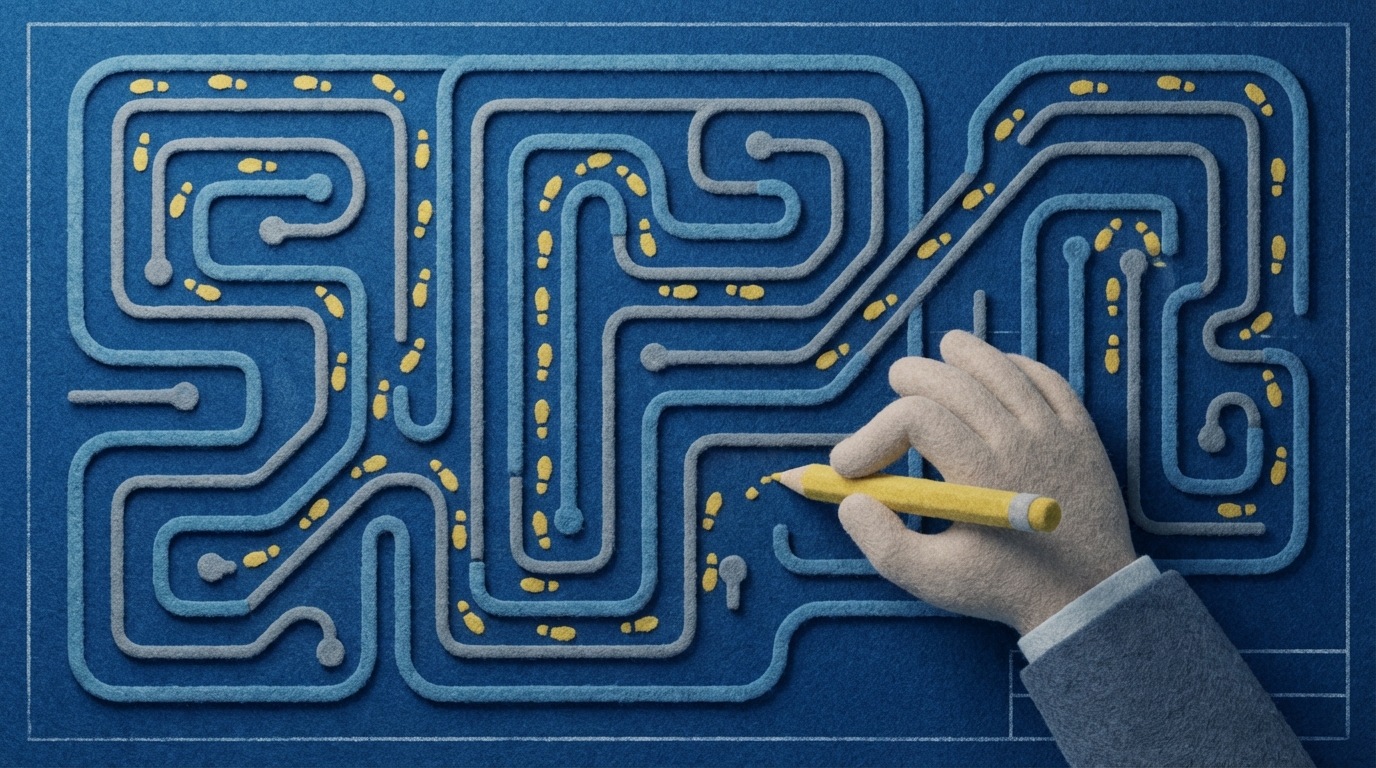 An overhead view of a complex, winding path resembling a maze or a circuit board drawn on a blueprint-style background. Small, stylized footprints are visible along the path, some leading to dead ends or loops, while others successfully navigate towards a destination. A hand holding a pencil is poised over the blueprint, about to mark a potential improvement or alternative route. The color palette uses cool blues and grays, with a touch of yellow for the pencil, creating a focused, analytical mood.