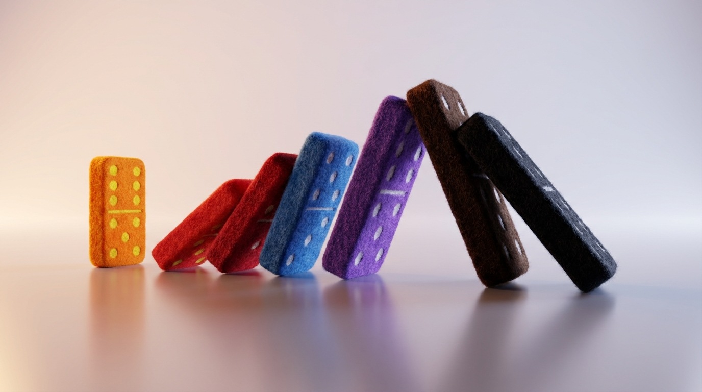 A series of dominoes, starting with a small, brightly colored one, leading to progressively larger, darker, and more unstable dominoes. The first few are standing, but the middle ones are already leaning precariously, and the last, largest domino is on the verge of toppling over. The scene is set on a smooth, reflective surface, emphasizing the chain reaction. A sense of impending consequence and quiet tension. Eye-level perspective, focused on the progression of the dominoes. Contrasting bright and dark colors.