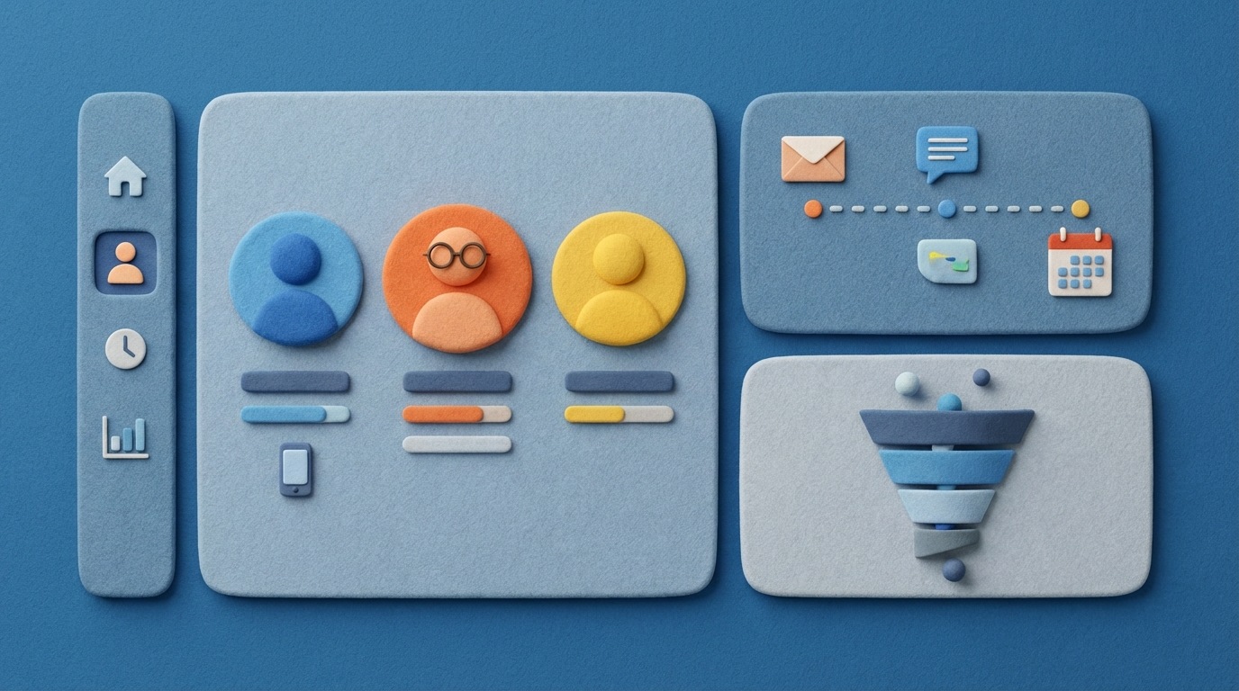 A stylized dashboard interface of a CRM system. Various modules are visible, such as customer profiles, interaction logs, and sales pipelines, all neatly organized. The interface uses a clean, modern design with clear typography and intuitive icons. The overall color scheme is professional, with blues, grays, and subtle highlights.