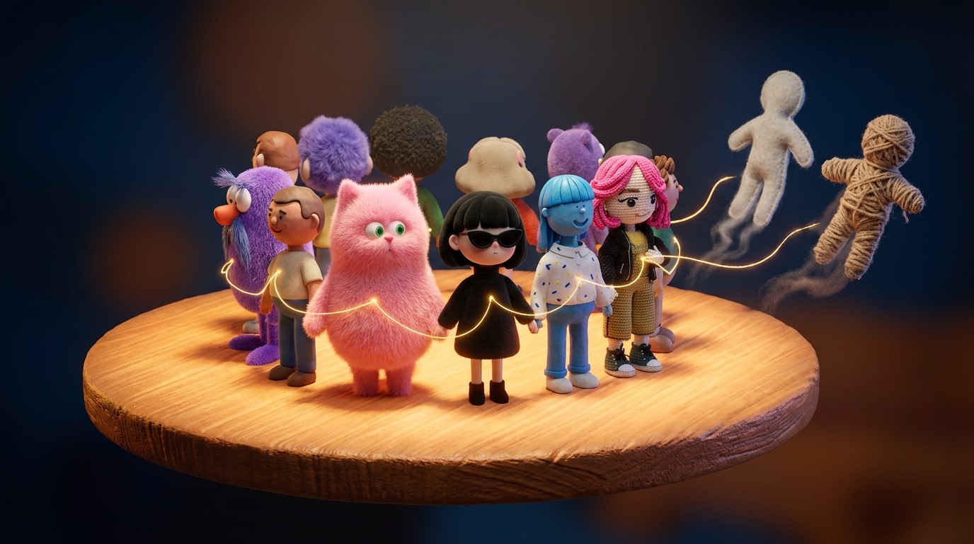 A group of diverse, stylized figures standing together on a stable, circular platform, representing customer retention. A few figures are linked by subtle, glowing lines, indicating loyalty. Around the edges of the platform, a few figures are gently drifting away, symbolizing churn. The platform is brightly lit, contrasting with the slightly darker, undefined space around it.