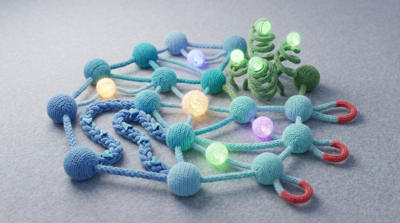 A stylized representation of data analysis. A network of interconnected nodes and lines forms a complex web, with key metrics like 