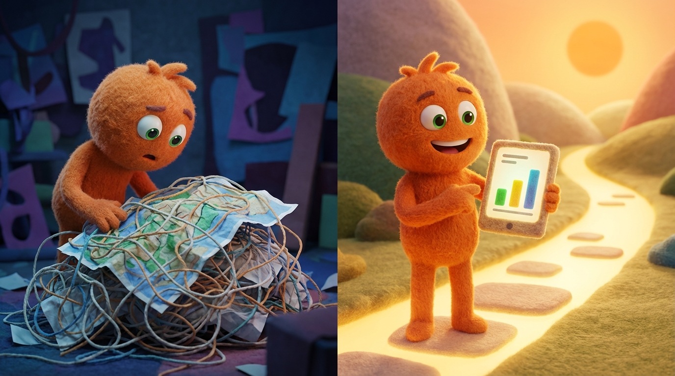 A split scene showing a person looking at a complex, tangled map on one side, representing confusion. On the other side, the same person is confidently navigating a clear, well-lit path using a tablet displaying a simple, color-coded dashboard with rising graphs. The path is illuminated by soft, inviting light. The contrast highlights transformation from uncertainty to clarity and control. Warm and cool tones.