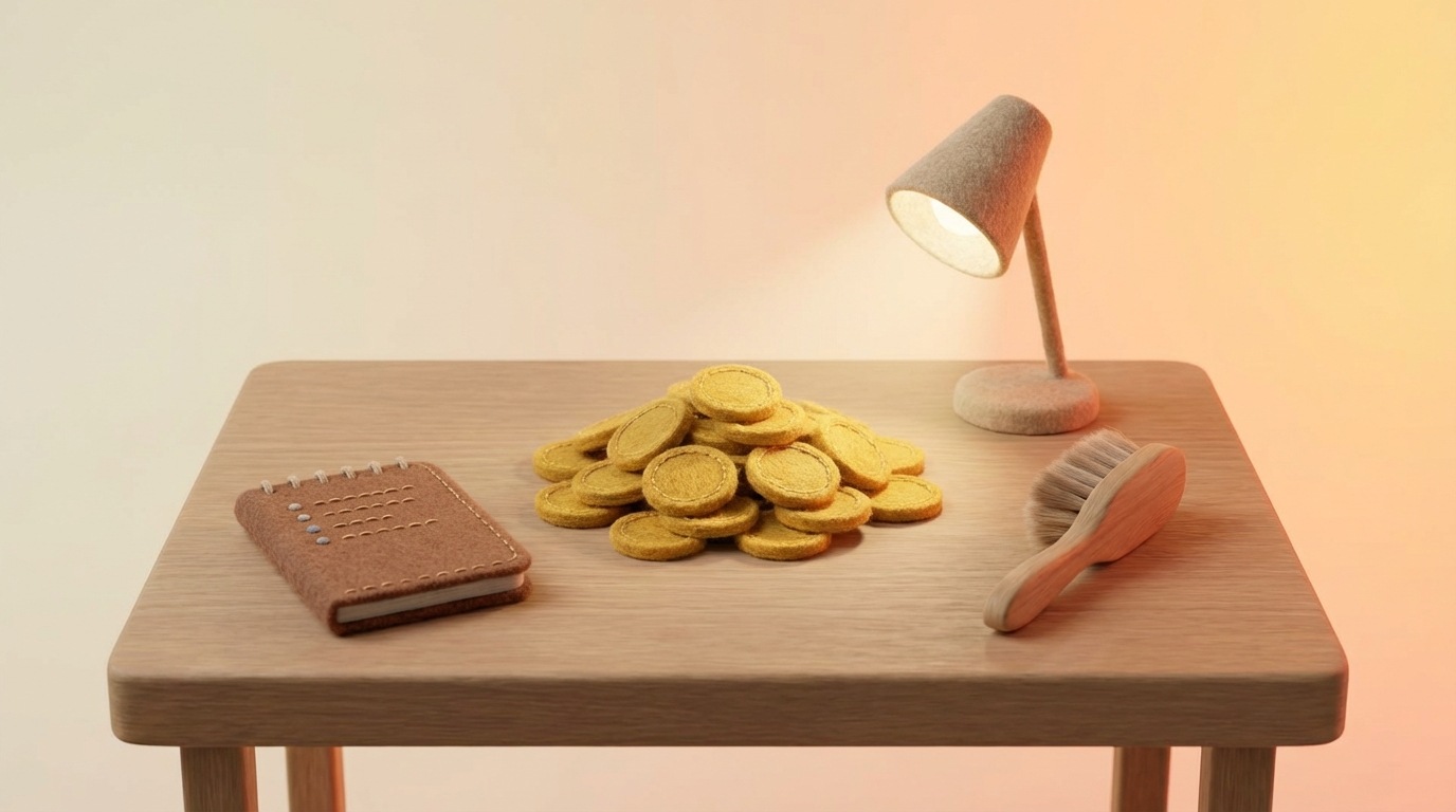 A small, carefully arranged pile of gold coins at the center of a minimalist table. Around the coins, several smaller, more humble items are thoughtfully placed: a simple notebook with a few bullet points, a single, well-chosen brush, and a small, focused spotlight shining directly on the coins, emphasizing careful allocation. The background is a soft, warm gradient, conveying a sense of resourcefulness and strategic thinking.
