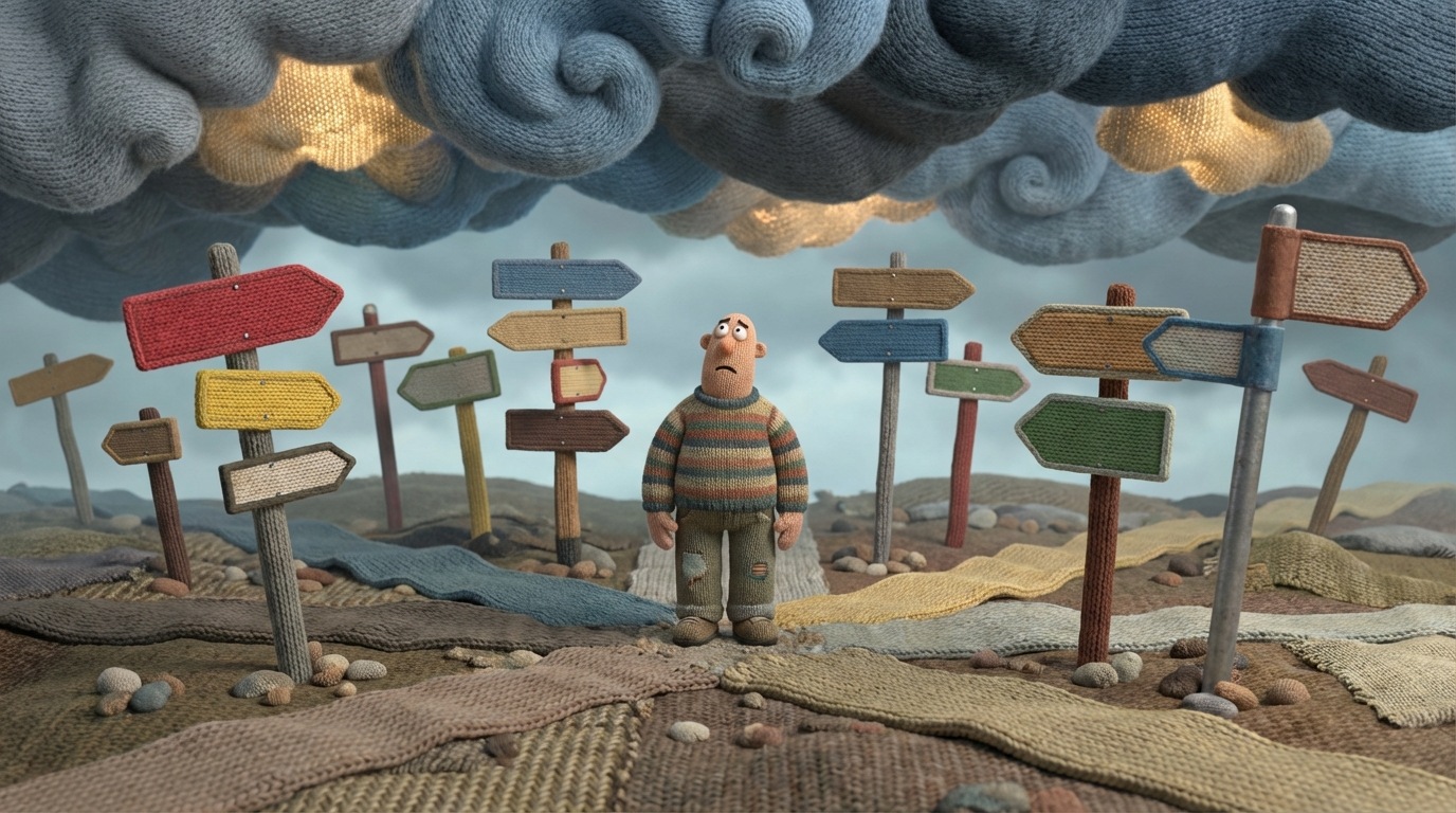 A person standing at a complex intersection, looking overwhelmed by the numerous diverging paths and signs, each pointing in a different direction. The ground is uneven, and the sky is a mix of stormy clouds and small patches of light, reflecting the uncertainty of decision-making. Muted, earthy tones with some contrasting pops of color on the signs.