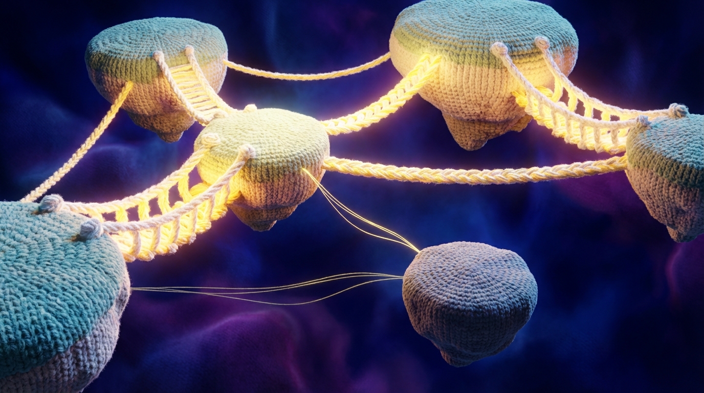 A network of interconnected floating islands or platforms, each representing a website. Strong, glowing bridges or ropes connect some of these islands, symbolizing backlinks. Some islands are larger and more brightly lit, indicating authority. A small, unlinked island (representing the company's website) is shown in the foreground, with faint lines extending towards it, suggesting potential new connections. The scene is ethereal and strategic. Deep space blues and purples with bright, warm yellow and white connections.