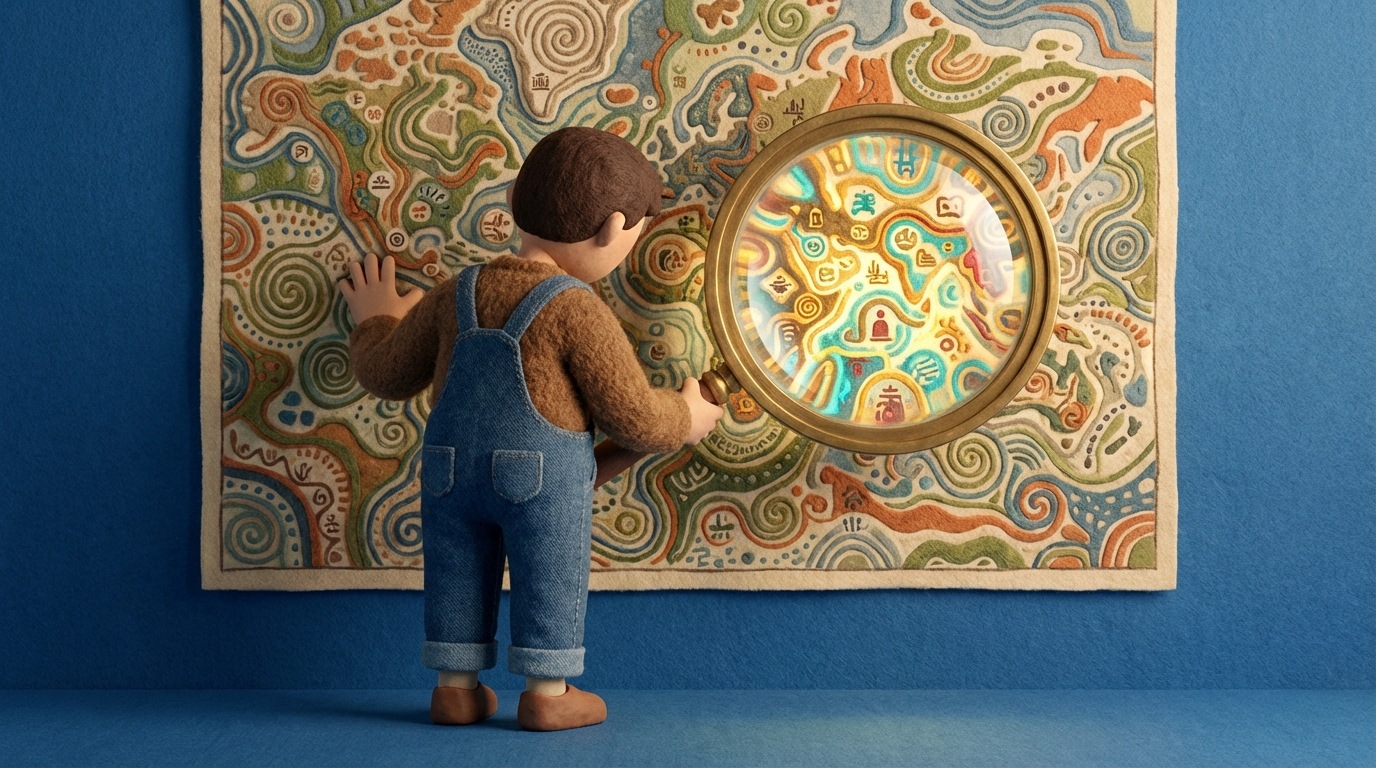 A stylized depiction of a person, seen from behind, standing in front of a large, intricate map covered with various points and symbols. The person holds a large, circular lens, closely examining specific areas of the map to reveal hidden details. The map itself is made of interwoven words and phrases, some highlighted, representing keywords. The color palette is earthy and thoughtful, with pops of brighter colors highlighting important areas on the map. The mood is one of focused discovery and strategic planning.