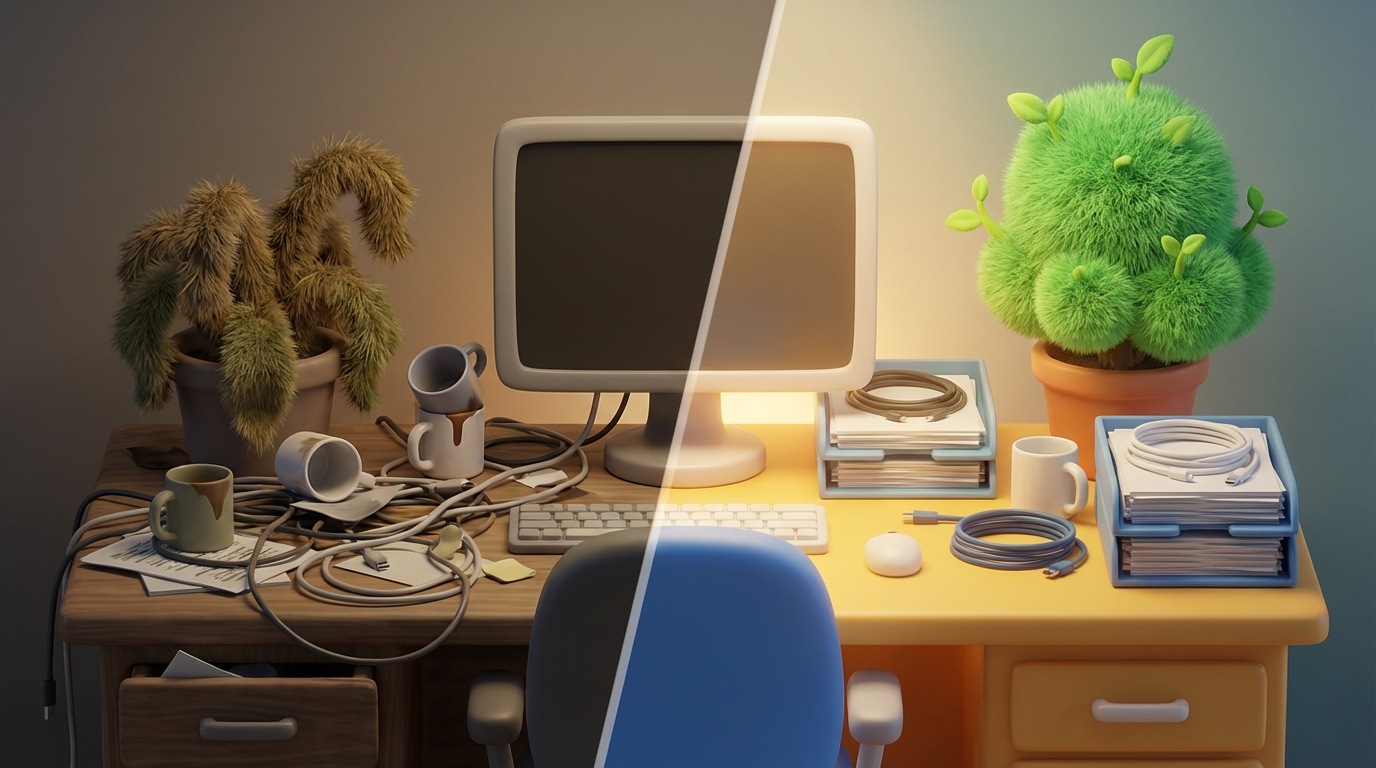 A split composition, showing a clear "before" and "after" scenario. The left side depicts a somewhat chaotic and disorganized scene, possibly a cluttered workspace or a struggling plant. The right side shows the same scene transformed into order, efficiency, or vibrant growth. A subtle, positive glow emanates from the "after" side. The composition emphasizes measurable improvement and a clear positive transformation. The color palette shifts from muted and slightly dark on the "before" side to bright and harmonious on the "after" side.