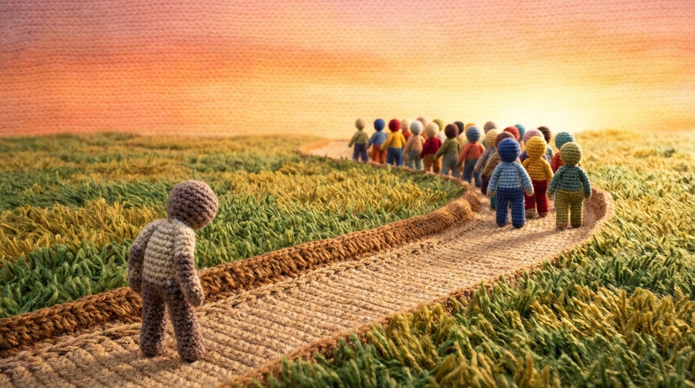 A path winding through a field. At the beginning of the path, a single abstract figure is hesitant. Further along the path, a clear, well-trodden groove is visible, created by many previous footsteps. A large group of abstract figures is already walking confidently along this path, their backs to the viewer, moving towards a positive, bright horizon. The hesitant figure looks towards the group, considering joining them. Warm, inviting color palette for the path and horizon.