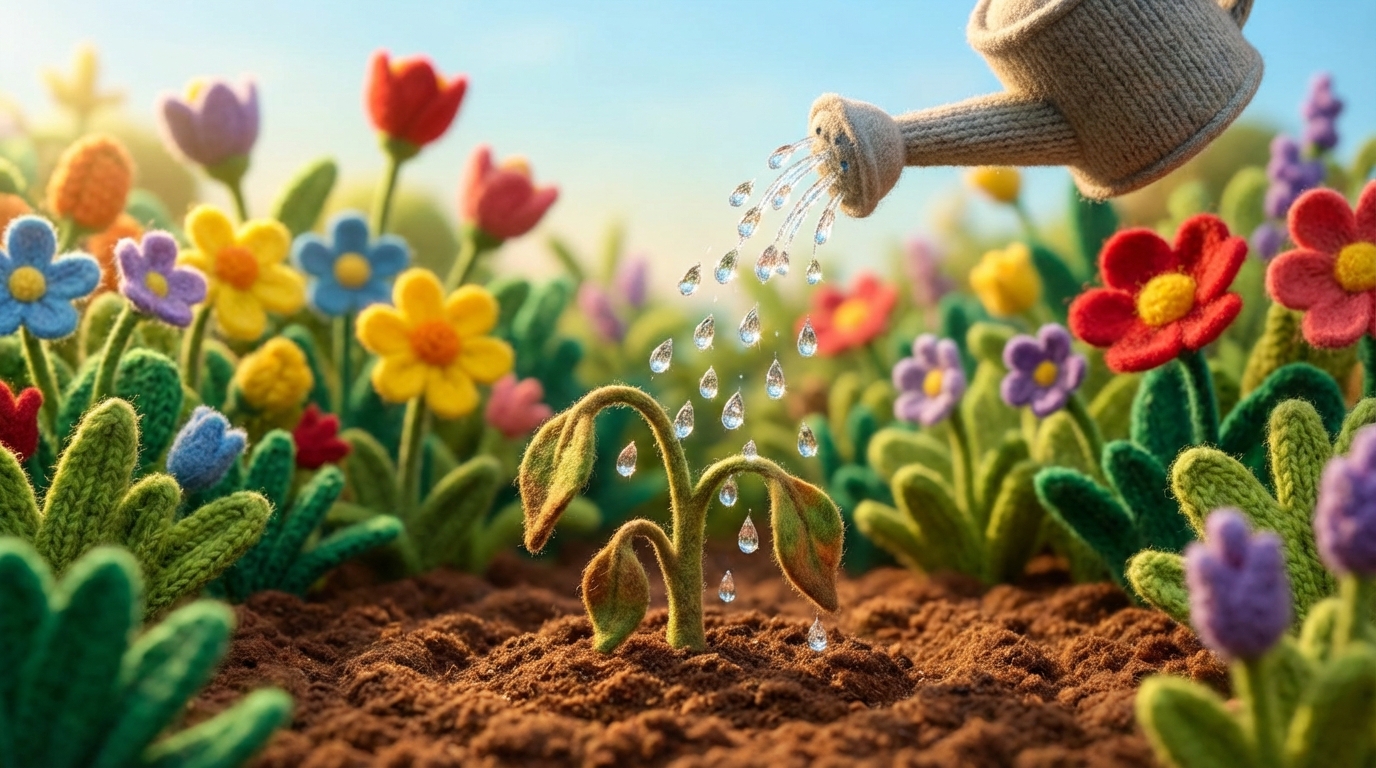 A vibrant, lush garden blooming with diverse, colorful flowers and healthy, green foliage, bathed in bright, warm sunlight from an unseen source above. In the foreground, a small, slightly withered or drooping plant is being carefully tended, with clear, sparkling drops of water visibly falling onto its leaves and soil from a gentle watering can. The stark contrast between the flourishing garden and the cared-for plant symbolizes the transformation and growth achieved through promised benefits and nurture. Abundant, joyful color palette with bright greens, reds, yellows, and blues, creating a hopeful and positive mood.