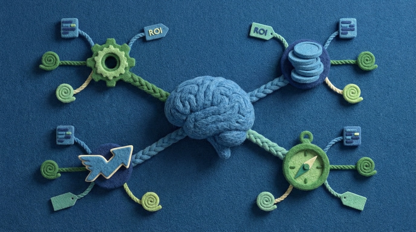 A stylized, intricate network visualization, centered around a main node labeled "B2B Buyer." Branching out are various sub-nodes: "Efficiency," "Cost Reduction," "Competitive Advantage," "Strategic Goals." Each sub-node has smaller, connecting elements representing "Data," "Research," and "ROI." The overall composition is clean and interconnected, suggesting a logical, analytical thought process. The color scheme utilizes various shades of blue and green, conveying intelligence and growth, with subtle connecting lines that bind the elements together.