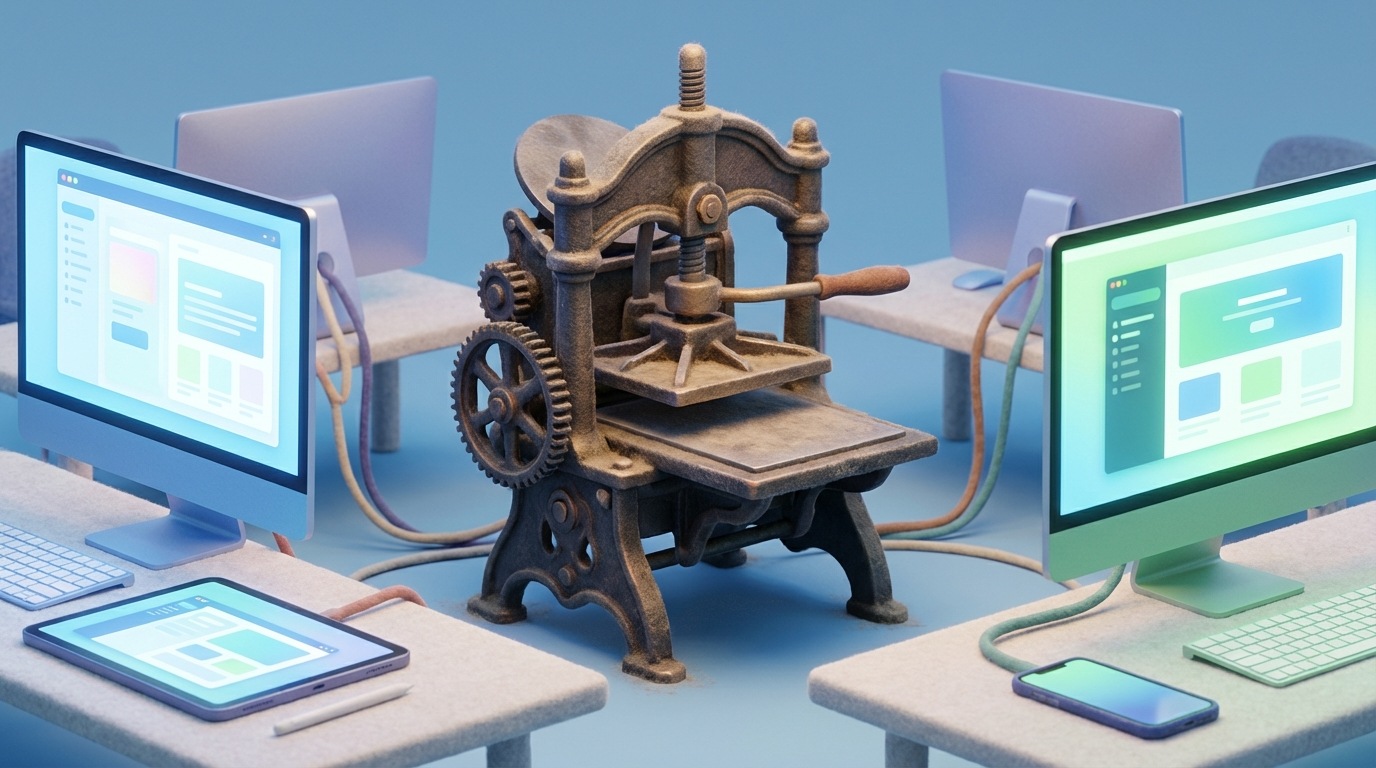 A very old, ornate printing press is shown in a modern office setting, surrounded by sleek computers and digital devices. The printing press is dusty and unused, while the digital equipment is actively in use. The scene uses a stark contrast between the old, dark, metallic tones of the press and the bright, clean, glowing screens of the modern technology.