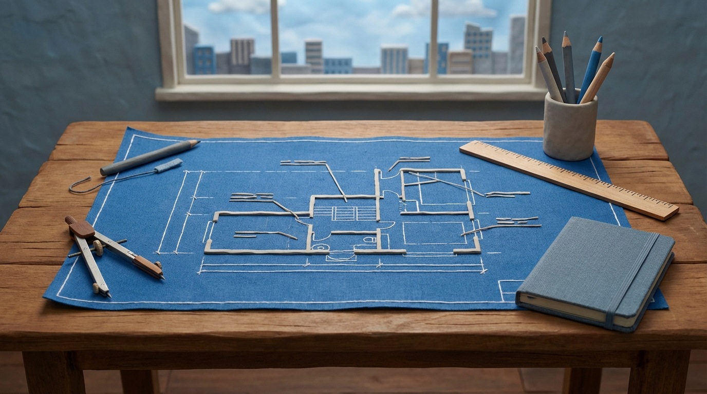 An overhead view of a large, open blueprint spread across a sturdy wooden table. The blueprint is detailed with architectural lines and annotations. Scattered around it are various design tools: a compass, a ruler, a set of pencils in different shades, and a small, closed notebook. In the background, a window shows a blurred cityscape. The atmosphere is one of meticulous planning and intellectual effort, with a muted color palette dominated by blues, grays, and wood tones.