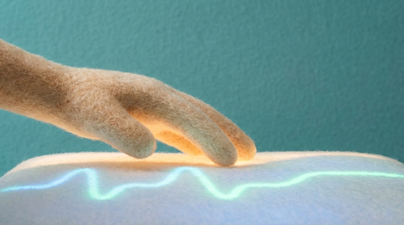 A stylized, abstract human hand (without a face) gently resting on a smooth, glowing surface that displays a subtle, rhythmic wavy line, resembling a healthy pulse on a monitor. The line is slowly and steadily rising, indicating recovery and stability. The background is simple and clean. A calm, reassuring, and analytical mood. Close-up, focusing on the hand and the glowing line. Soft blues and greens for the display, warm skin tones for the hand.