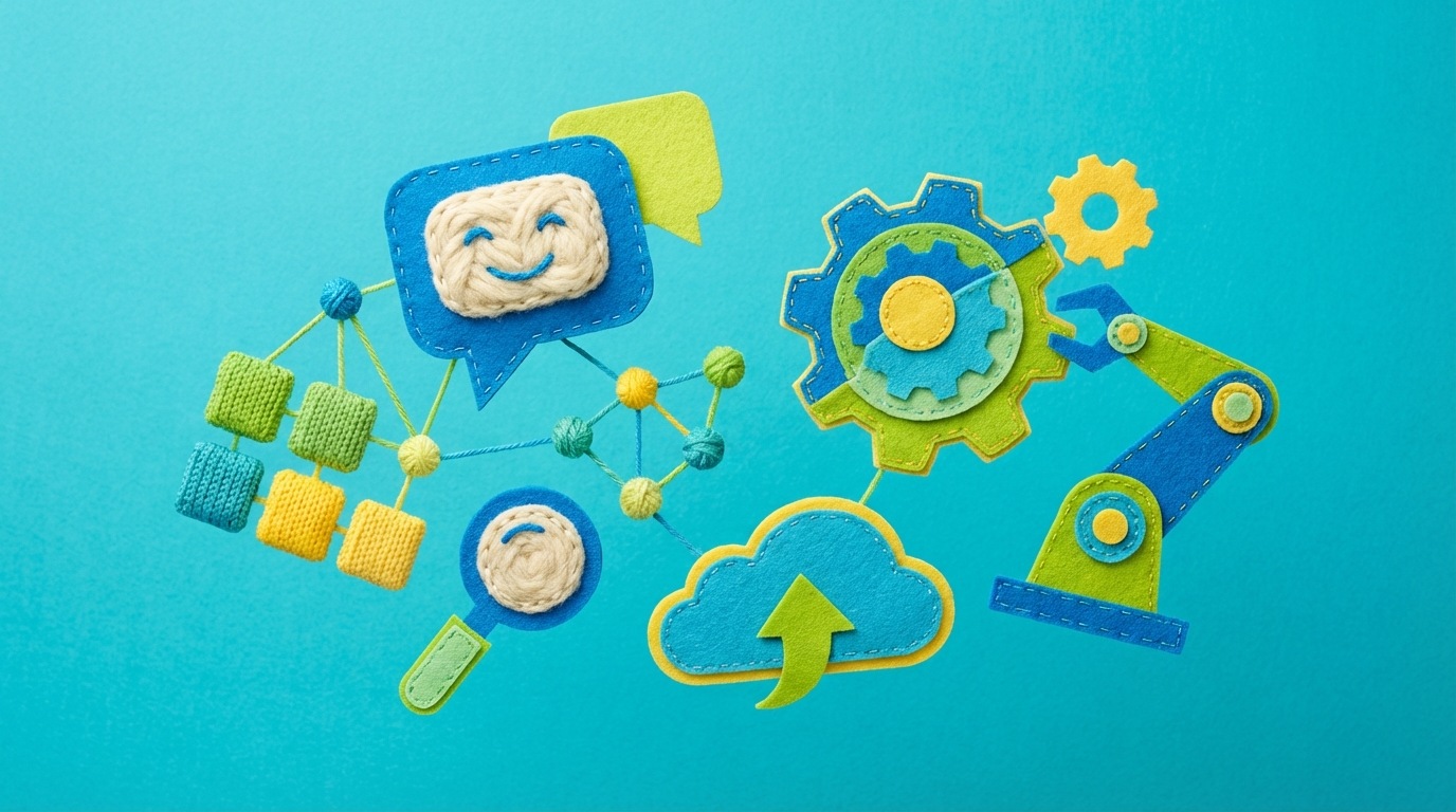 A diverse collection of abstract digital tools and icons arranged in a balanced composition. Icons represent different AI functionalities like chatbots, data analysis, and automation. The overall mood is empowering and innovative, with a bright, modern color palette of blues, greens, and yellows. The composition is dynamic, suggesting a range of options and capabilities.