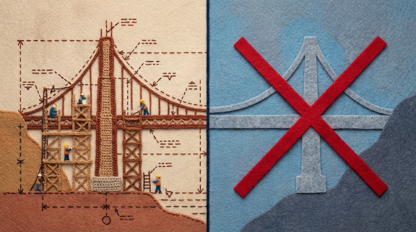 A split image, divided by a clear, sharp vertical line. On the left side, a detailed, complex blueprint of a bridge that is half-built, with construction ongoing, showing intricate scaffolding and workers in motion. The blueprint is filled with technical details and measurements, conveying ongoing effort. On the right side, a simplified, abstract representation of the same bridge, but with a bold, definitive red 'X' drawn across it, clearly indicating a halt or cancellation. The left side has a busy, active, slightly warm feel, while the right is stark, clean, and final, with cooler tones. The overall composition highlights the contrast between continuing a project and decisively stopping it based on a fresh evaluation.