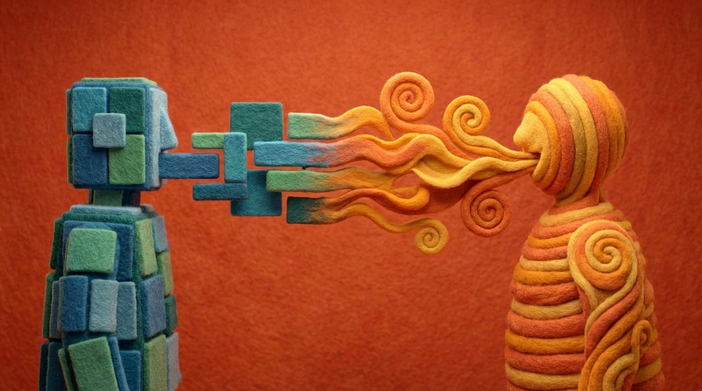 Two abstract figures are depicted, one speaking in formal, structured blocks of text, and the other responding with flowing, organic shapes and symbols. A bridge of understanding is forming between them, where the formal blocks are gradually transforming into more fluid shapes as the first figure learns to adapt its communication. The scene emphasizes empathy and connection through language. A warm, harmonious color palette.