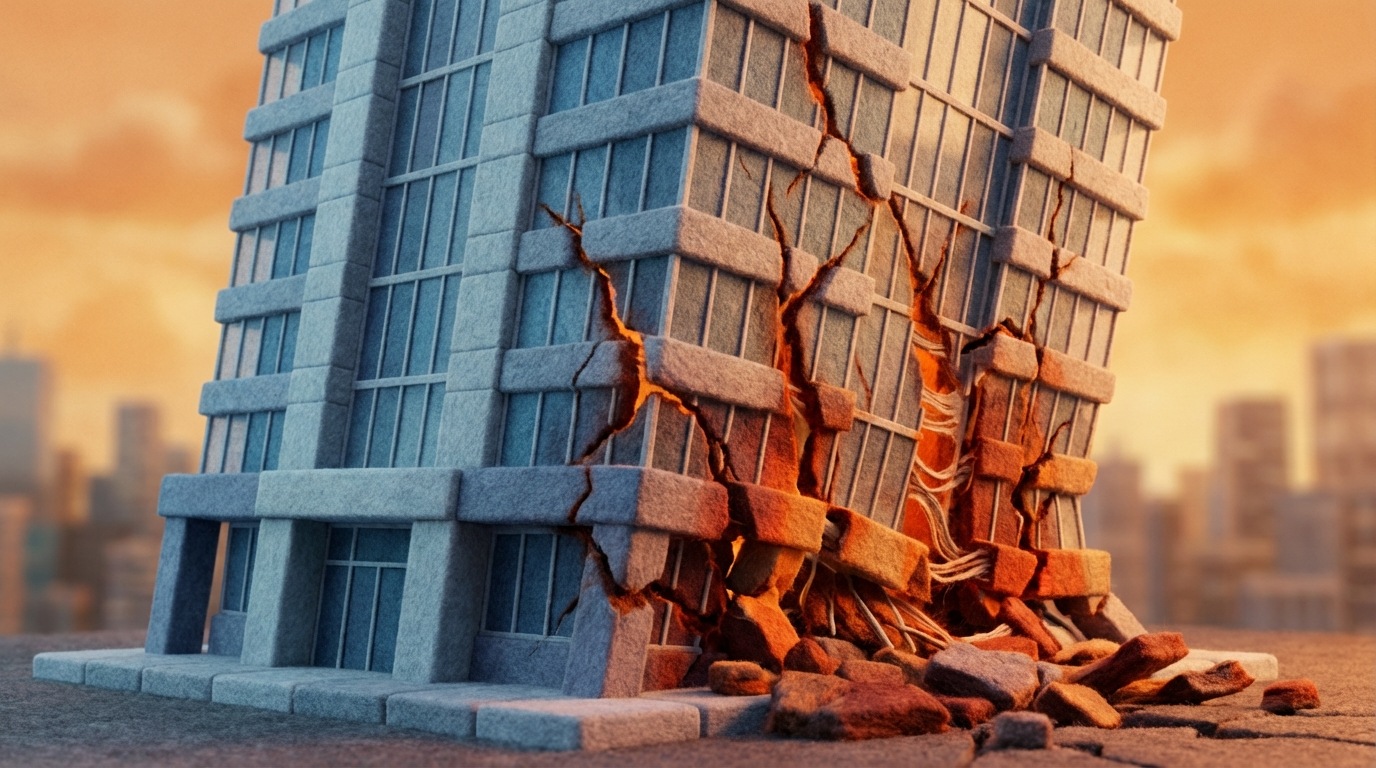 A large, sturdy business building with clear, modern architecture on one side, representing external strength. On the other side, its foundation is visibly crumbling, with deep cracks extending upwards through the walls, revealing hidden, internal weaknesses. The building appears slightly tilted, symbolizing instability. The background shows a busy city skyline, but the primary focus is on the building's internal fragility. A warm, anxious color scheme with hints of red and orange in the cracks, contrasting with the cooler tones of the building itself. This illustrates strategic failures stemming from psychological traps.