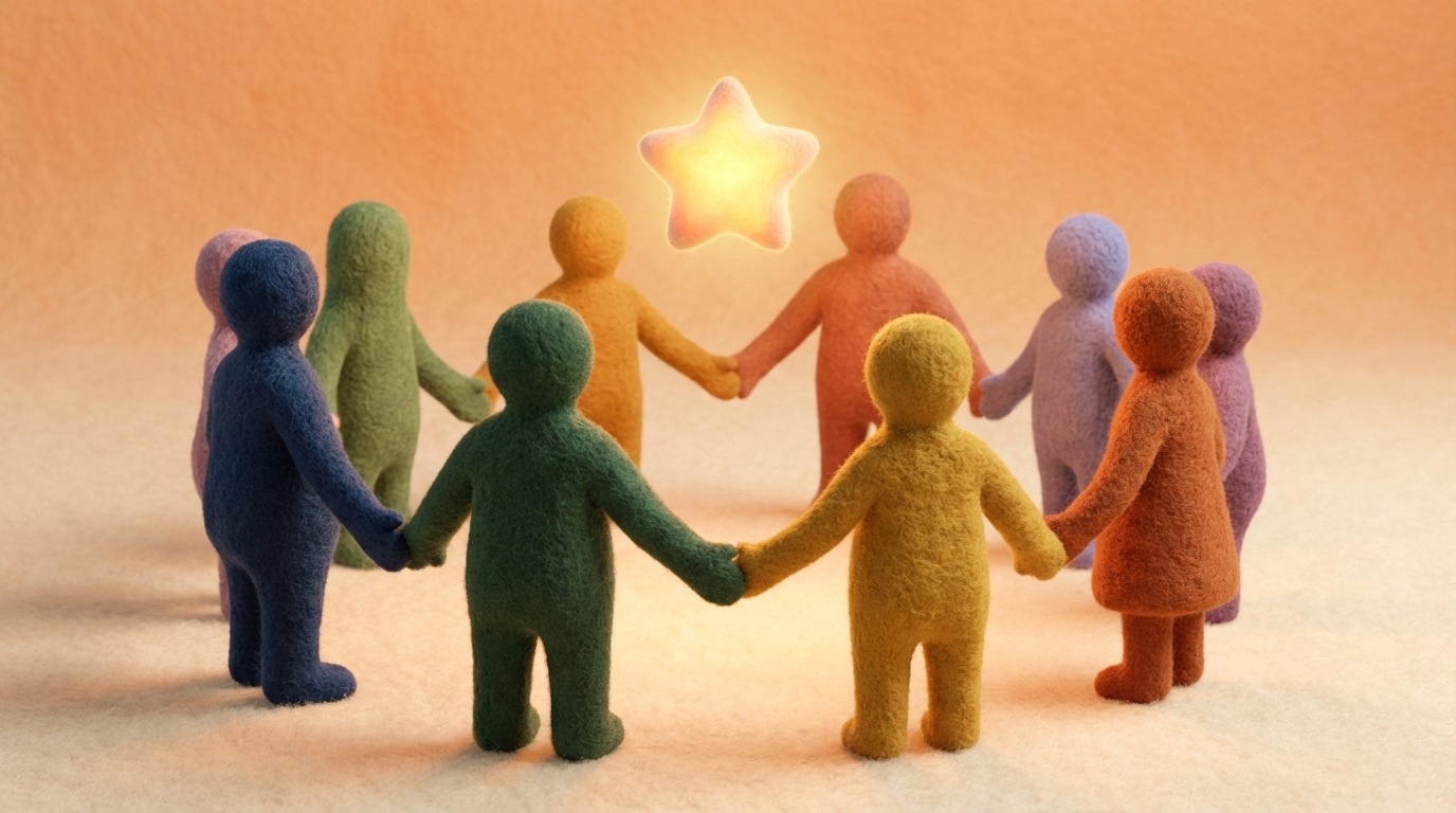 A circle of diverse, abstract figures, each distinct in color and shape, all facing inwards with their hands gently touching in the center, forming a collaborative bond. Above them, a shared, glowing objective symbol hovers, representing a common goal. The figures are harmoniously integrated, conveying unity and shared purpose. The overall composition emphasizes teamwork and mutual respect. A warm, inviting color palette with varied tones for the figures, and a bright, central glow from the objective symbol.