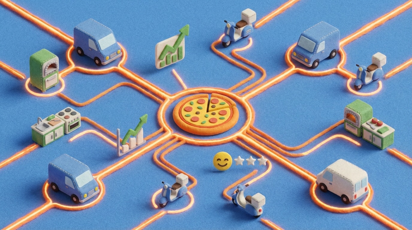 A stylized visual depicting a network of interconnected delivery vehicles and kitchen stations, all linked by glowing lines representing data flow. At the center is a simplified pizza icon. Small icons representing financial charts and customer satisfaction ratings are integrated into the network. The overall impression is one of efficiency and technological integration. The color palette is modern and clean, with blues, greens, and white, accented by glowing orange or yellow lines.