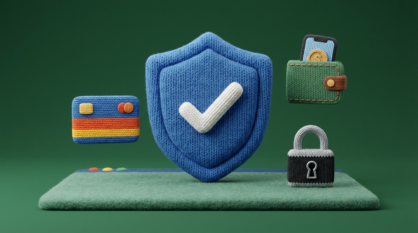 A shield icon with a checkmark inside, positioned prominently on a website's checkout page. Surrounding the shield are smaller icons representing secure payment methods (credit cards, digital wallets) and encryption. The background is a solid, reassuring color like deep blue or green, conveying a sense of security and reliability.